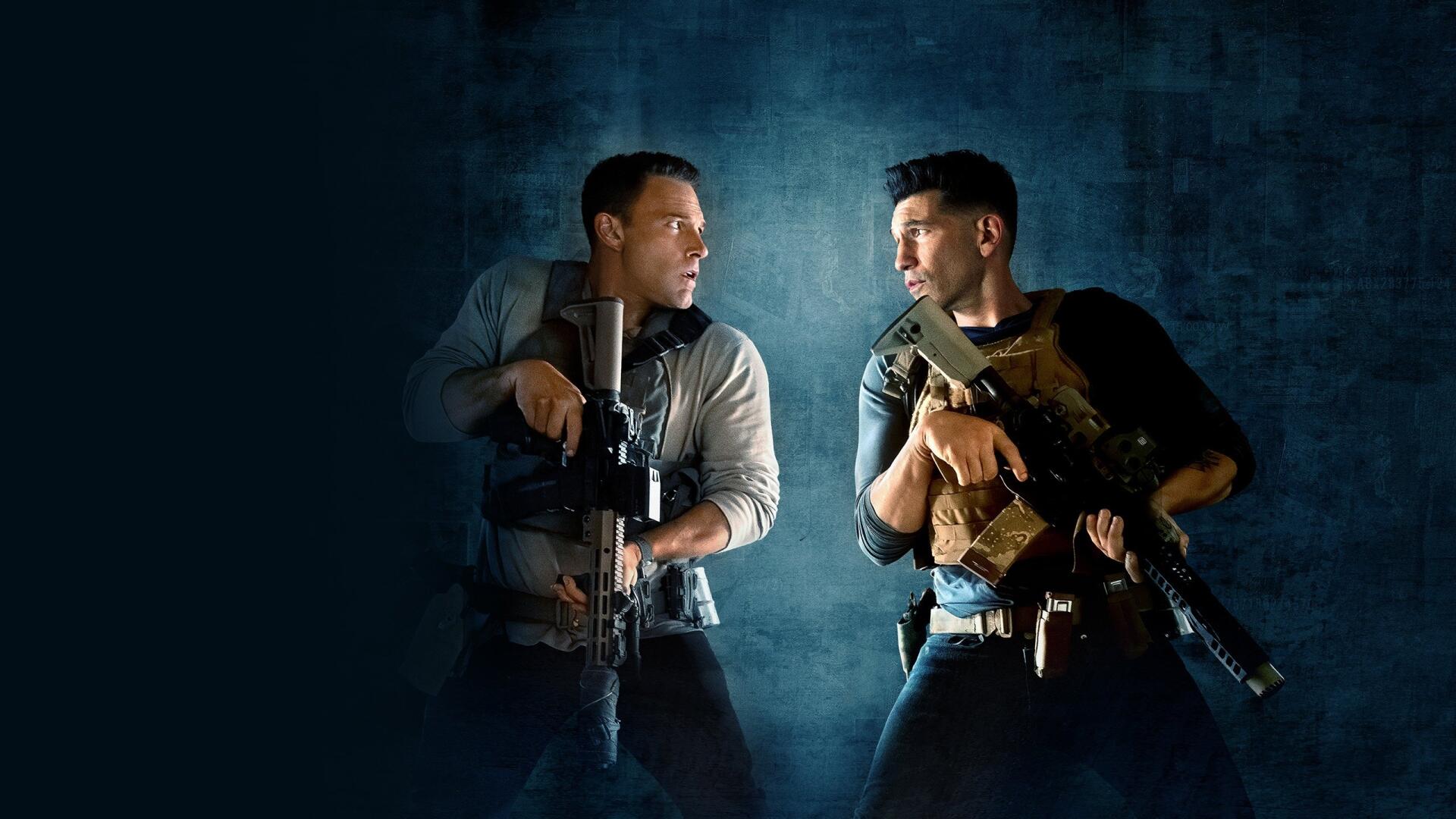 The Accountant 2 2K Quad HD PC desktop wallpaper/background: two armed men back-to-back in moody blue light.
