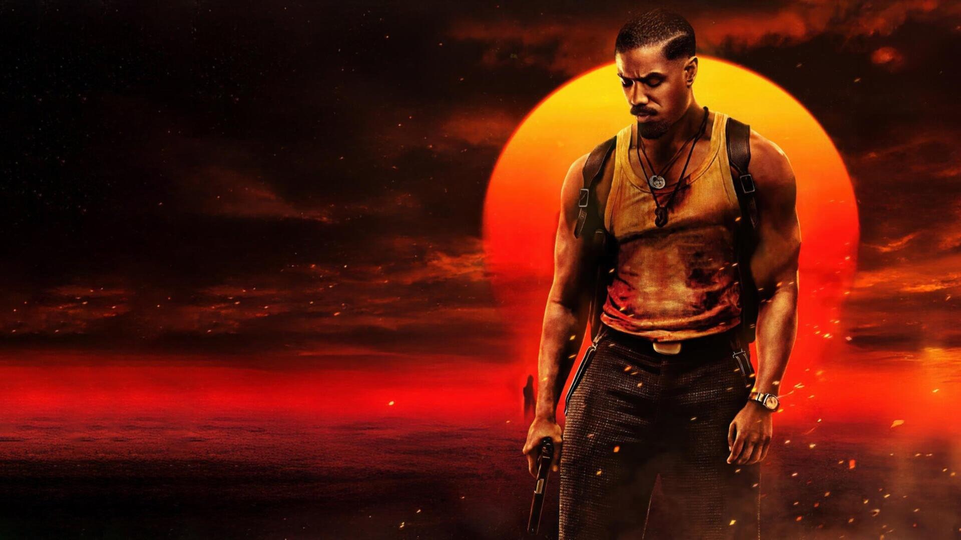 Sinners — 4K Ultra HD PC desktop wallpaper and background: lone armed man in a bloodstained tank top, walking before a blazing red sun and smoky crimson sky.