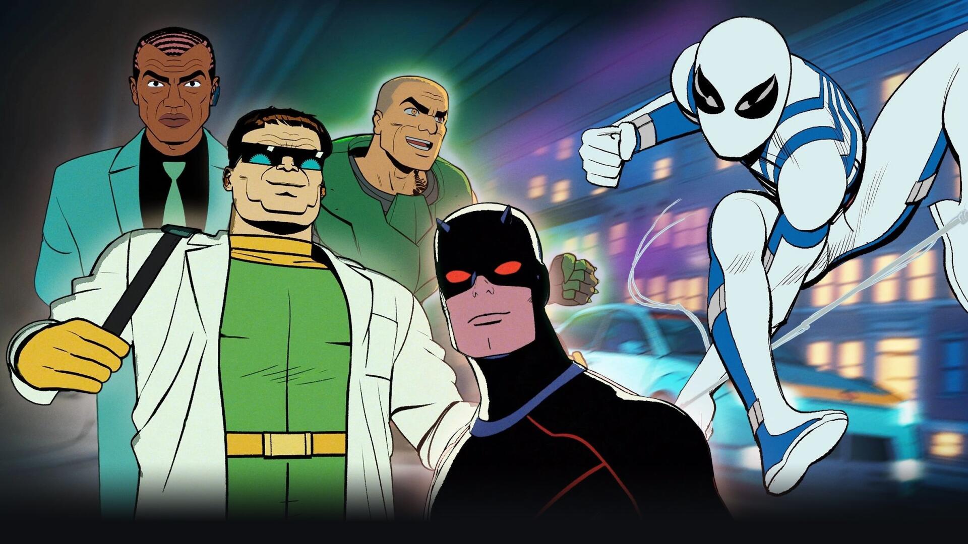 HD PC desktop wallpaper, Your Friendly Neighborhood Spider-Man: white-suited Spider-Man leaps beside a dark-suited hero and three villains against a neon-lit city street.