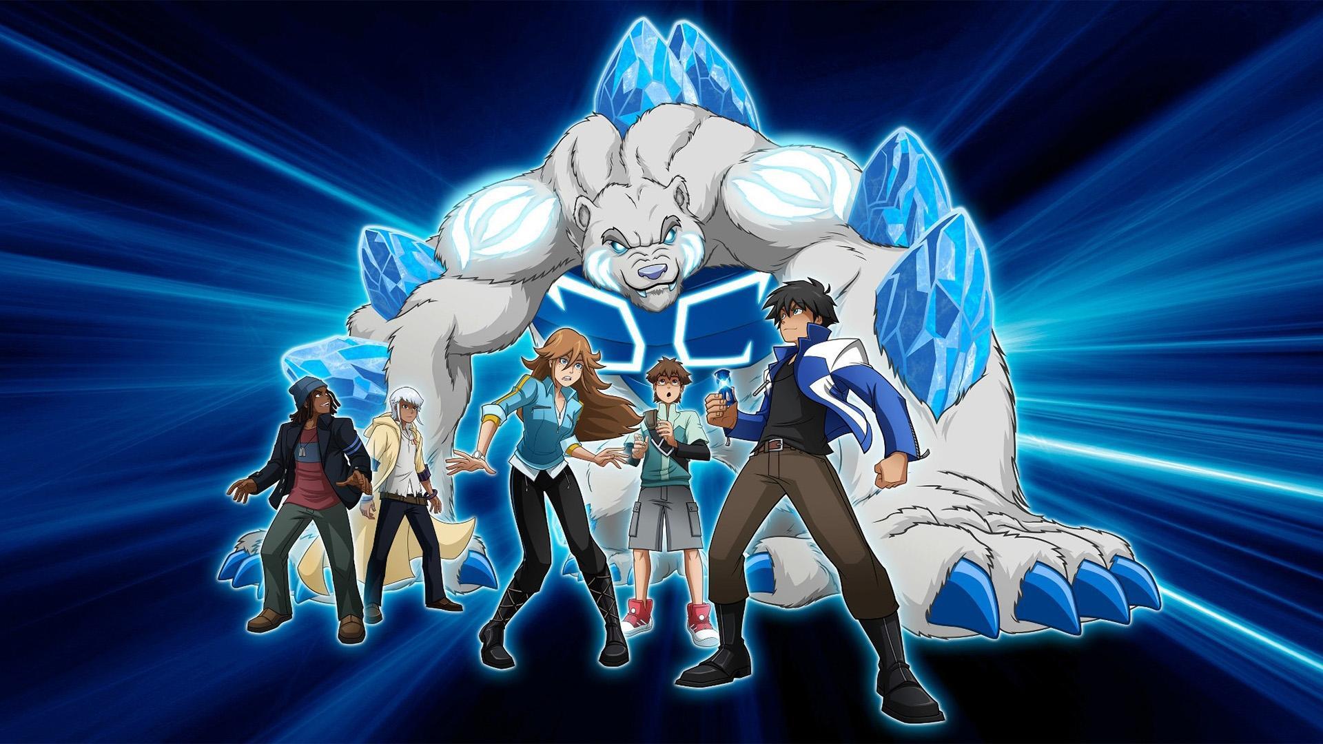 Monsuno HD PC desktop wallpaper: five young trainers in action poses with a towering crystalline ice beast behind them against a radiant blue energy burst background.