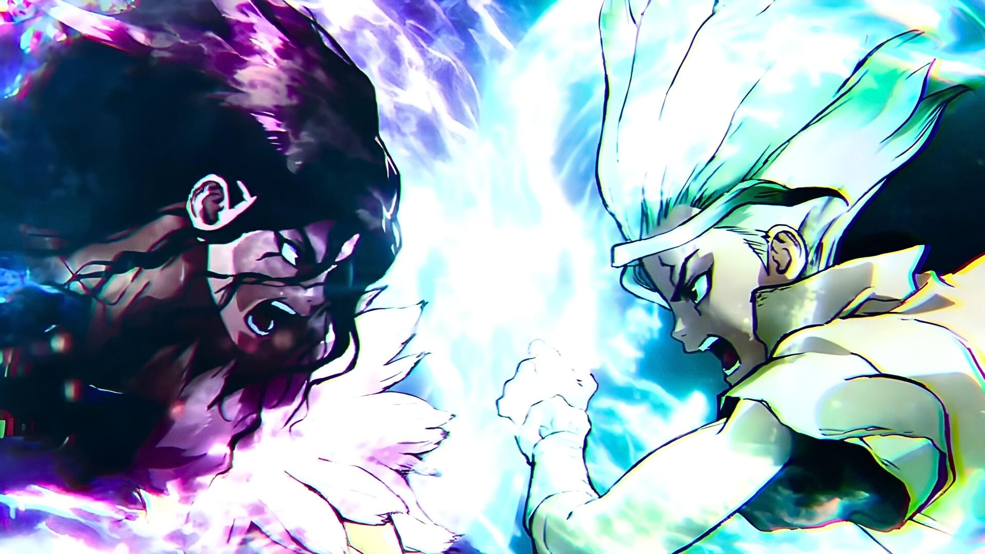 Dr. Stone 4K Ultra HD PC desktop wallpaper and background: Senku and Tsukasa clash in a high-energy face-off, blue and purple sparks exploding between them.