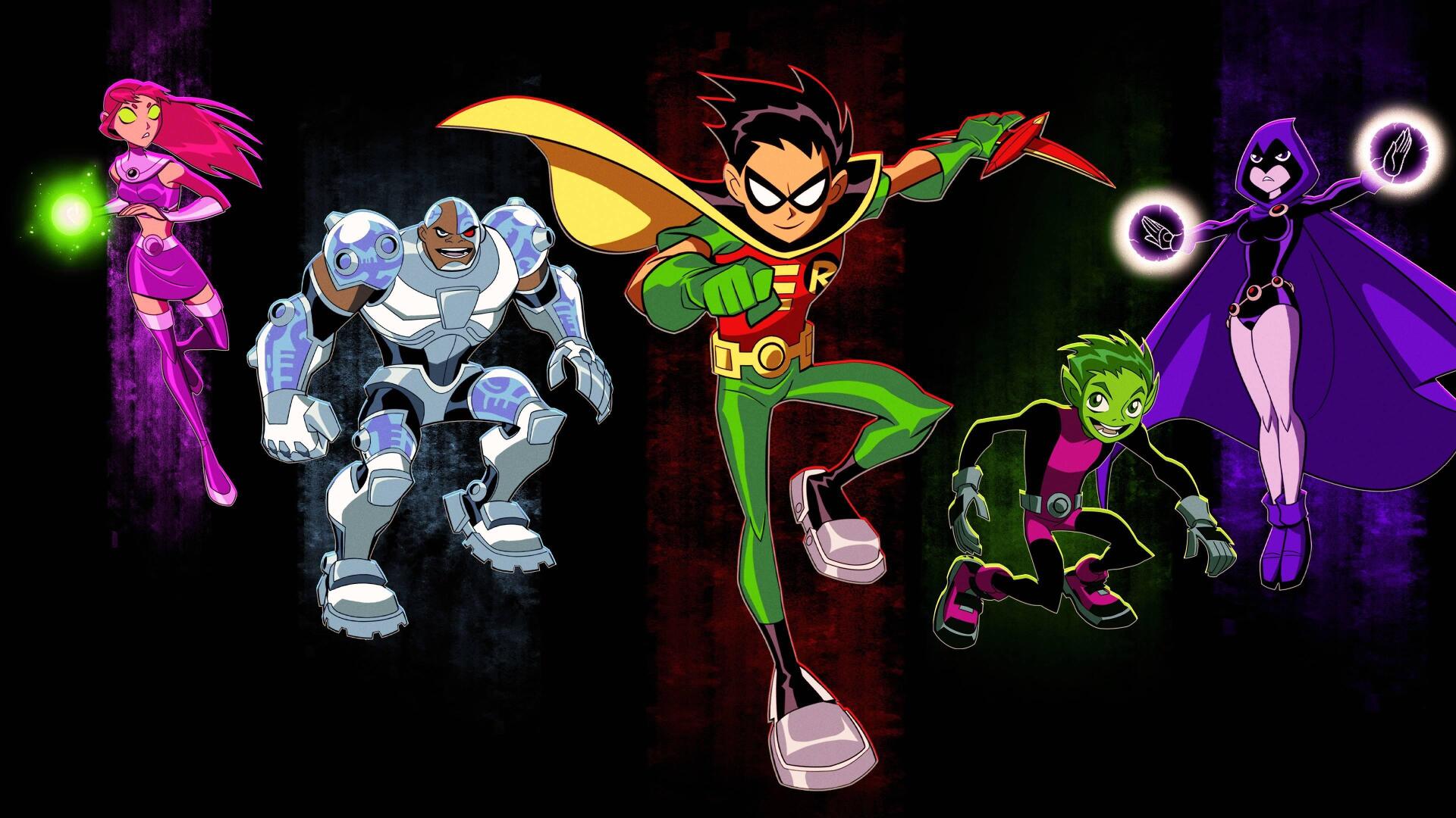 Teen Titans team — Robin leaping center, Starfire, Cyborg, Beast Boy and Raven on a vibrant backdrop. 4K Ultra HD PC desktop wallpaper and background.