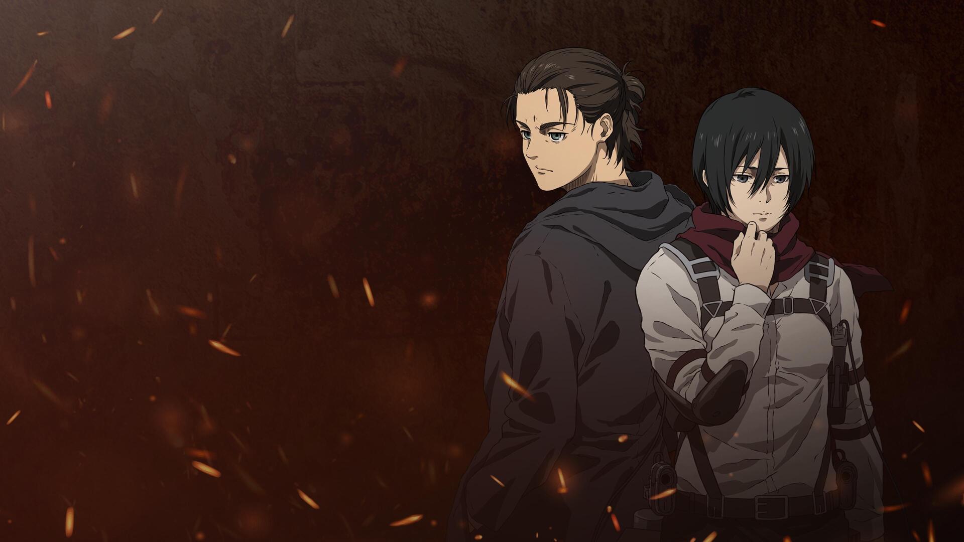 Attack on Titan 4K Ultra HD PC desktop wallpaper and background: two soldiers stand back-to-back amid glowing embers and a dark, moody anime backdrop.