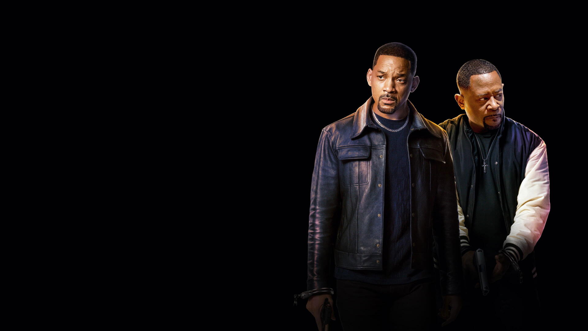 Bad Boys: Ride or Die 4K Ultra HD PC desktop wallpaper: two stoic partners in dark jackets stand at the right against a black background.