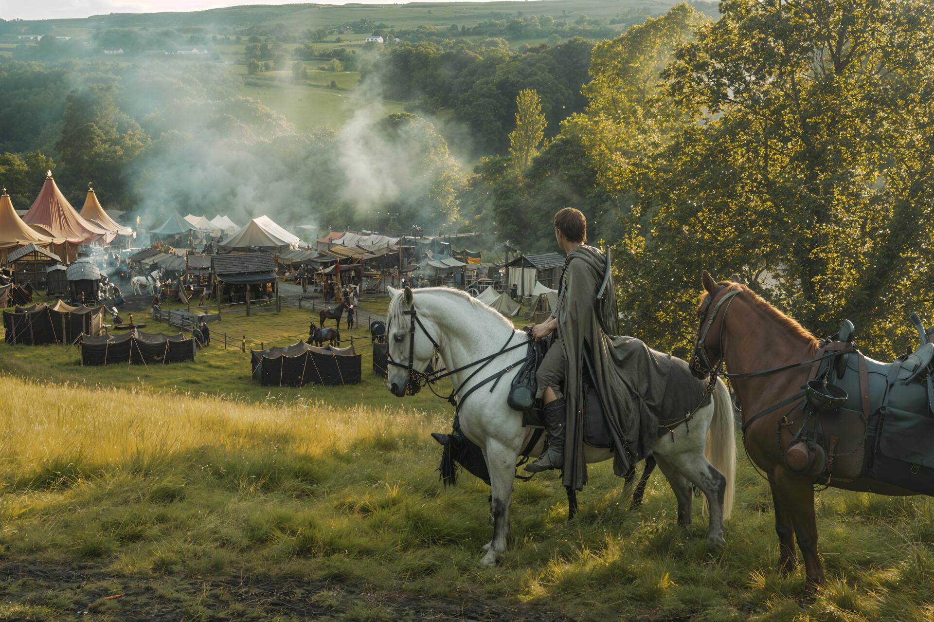 4K Ultra HD PC desktop wallpaper from TV show A Knight of the Seven Kingdoms: two riders on horseback overlooking a medieval tented settlement and smoky camp in rolling green hills.
