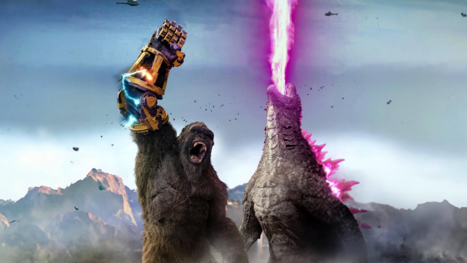Godzilla x Kong: The New Empire 4K Ultra HD PC wallpaper — Kong roars with armored fist raised while Godzilla fires a bright pink atomic beam across rugged mountains.