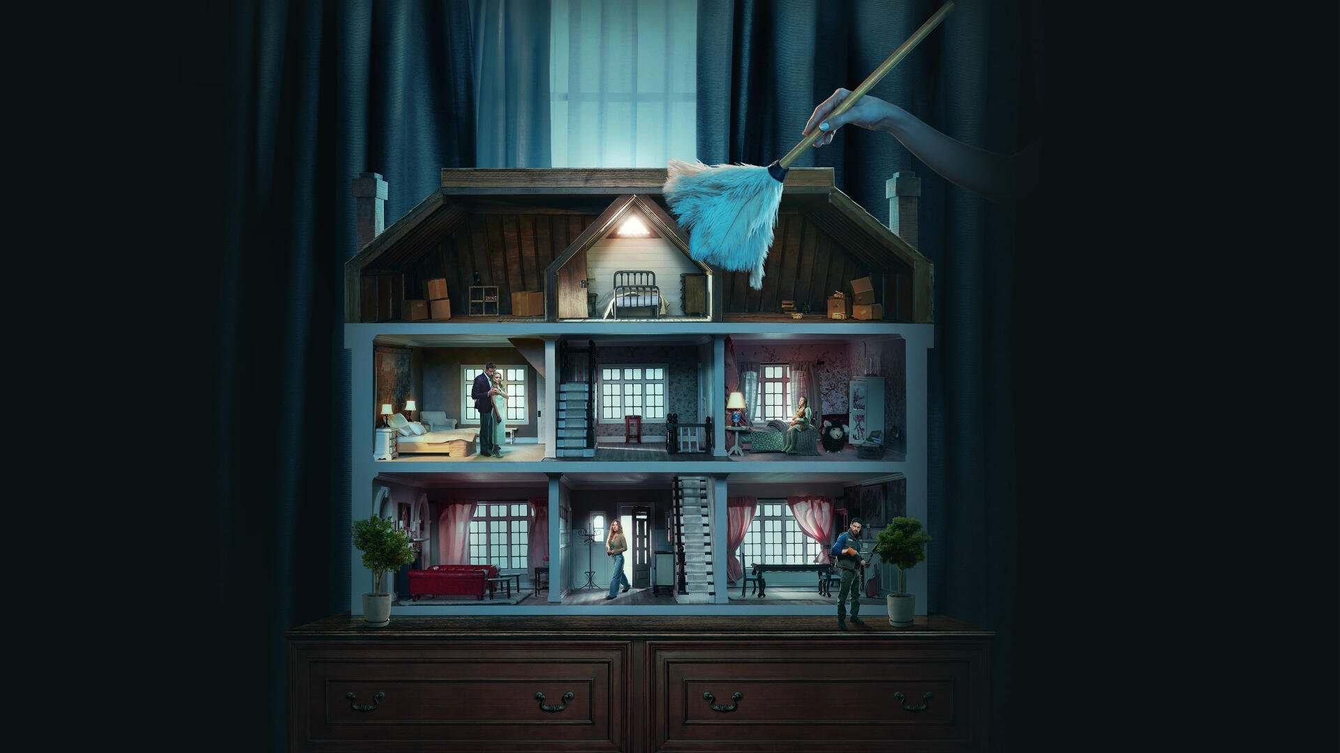 The Housemaid — 4K Ultra HD PC desktop wallpaper and background: moody dollhouse lit from within showing maids cleaning rooms, teal curtains framing the scene.