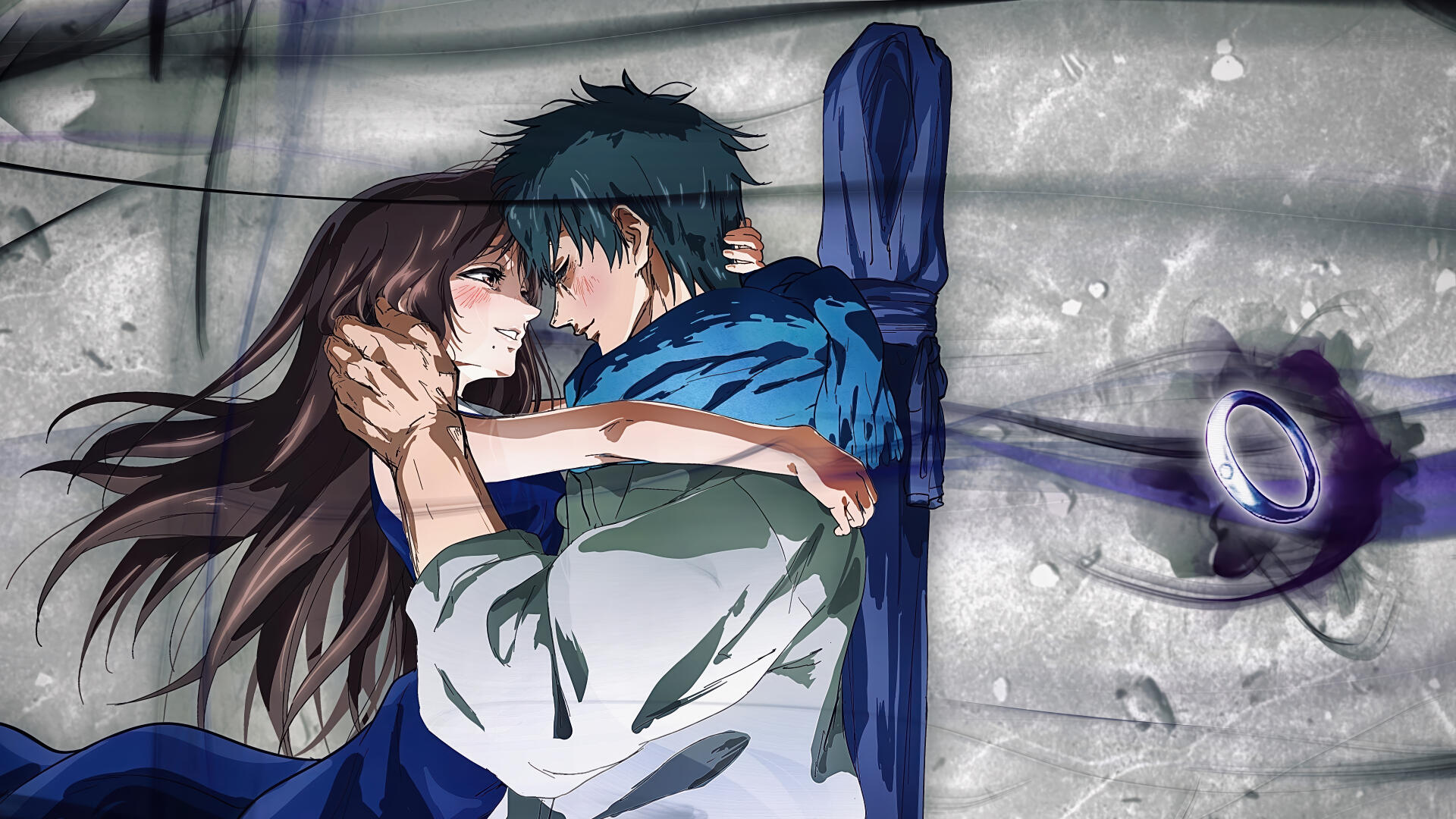 Jujutsu Kaisen 4K desktop wallpaper — two characters embrace, he cradles her face against a cracked concrete wall while a purple cursed-energy ring glows beside them.