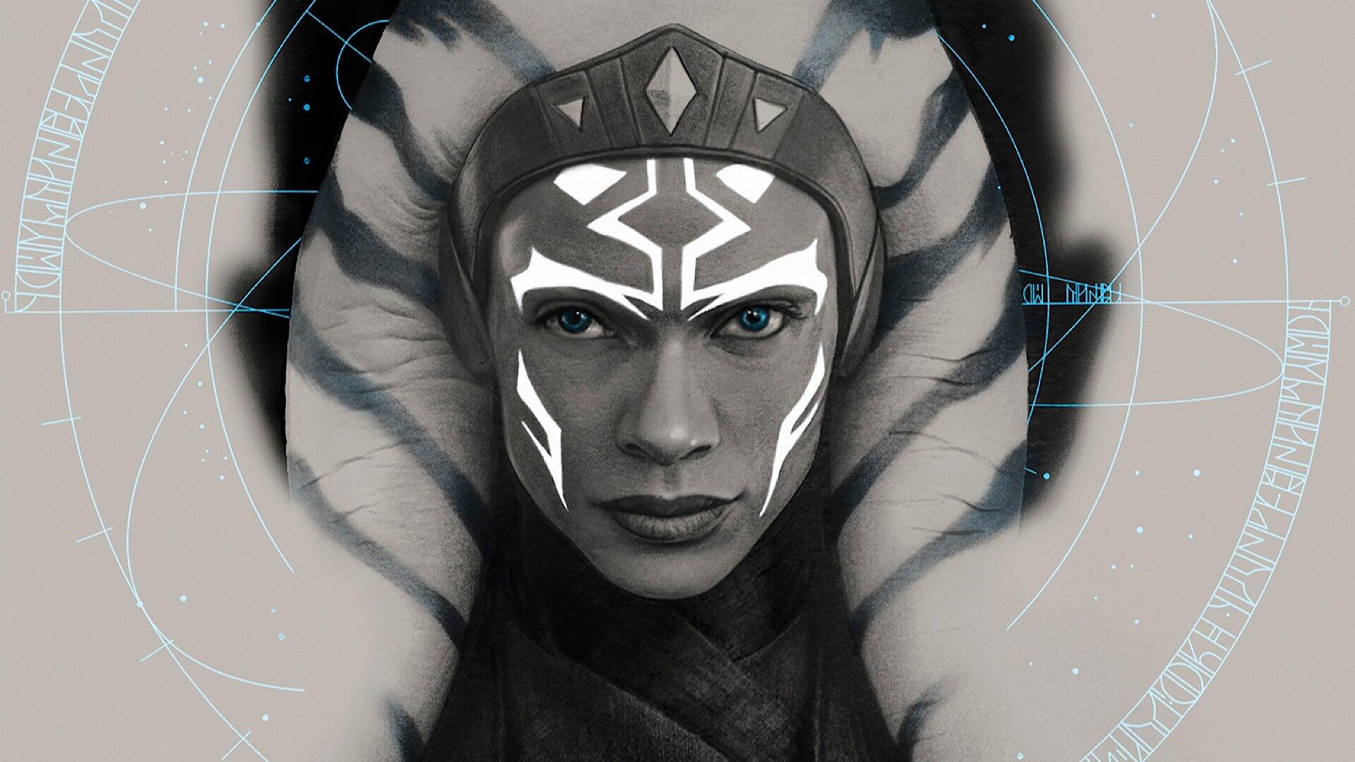 HD PC desktop wallpaper of Ahsoka (2023): close-up portrait of Ahsoka Tano with white facial markings, striped montrals and cyan eyes against a geometric space backdrop.