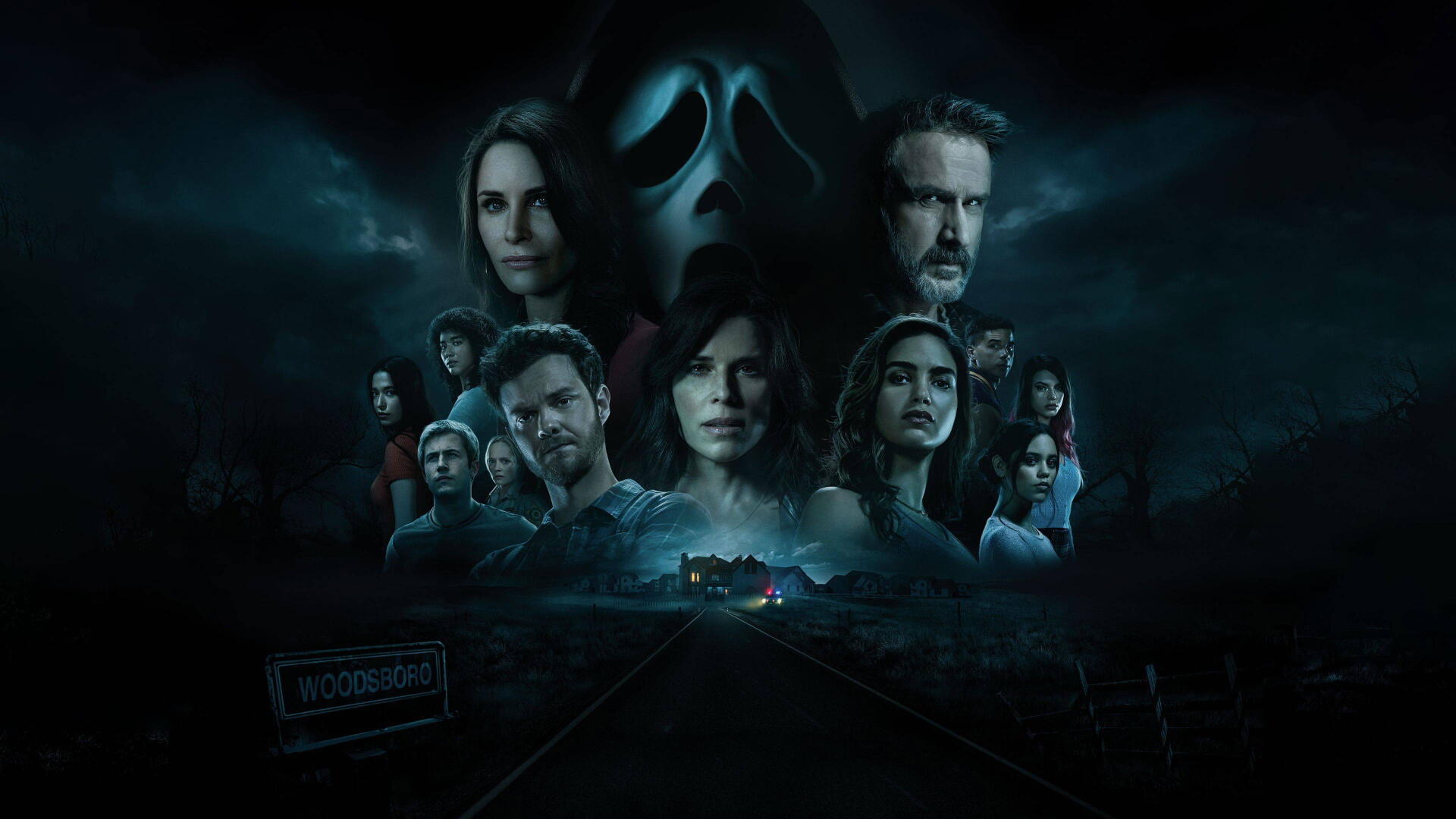 Scream (2022) 4K Ultra HD PC Desktop Wallpaper and Background — moody blue-green collage of multiple characters with a looming Ghostface mask above a dark road leading to a distant lit house.