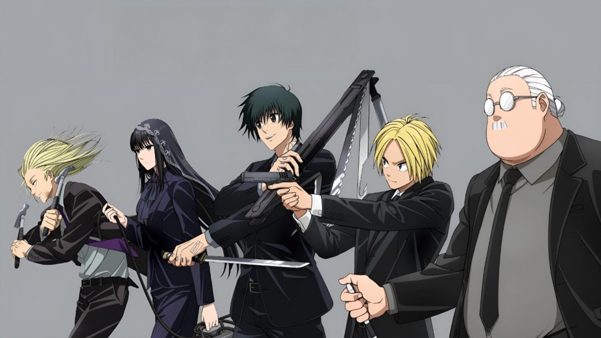 Sakamoto Days 4K Ultra HD PC desktop wallpaper: five main characters in black suits aiming pistols and weapons against a gray background.