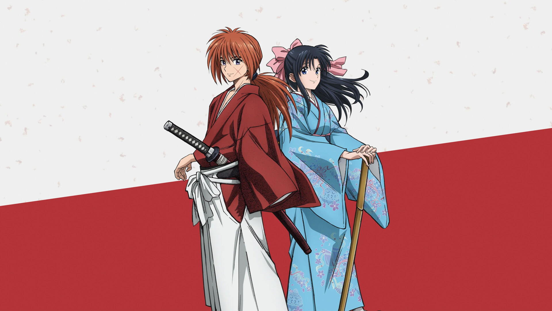 Rurouni Kenshin (2023) 4K Ultra HD PC desktop wallpaper/background: Kenshin in a red kimono and Kaoru in a blue kimono standing back-to-back, sword and cane against a red-and-white minimalist backdrop.