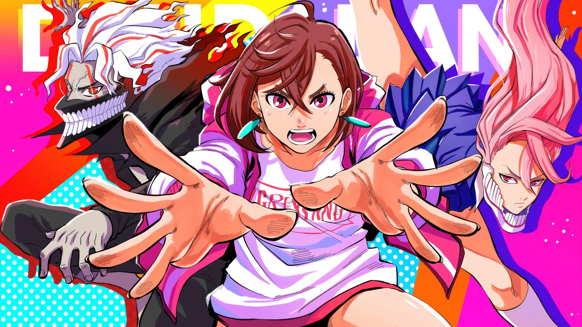 Dandadan 4K Ultra HD PC desktop wallpaper/background: fierce girl lunges forward, flanked by a grinning monster and a pink-haired ally amid vibrant neon, comic-style art.