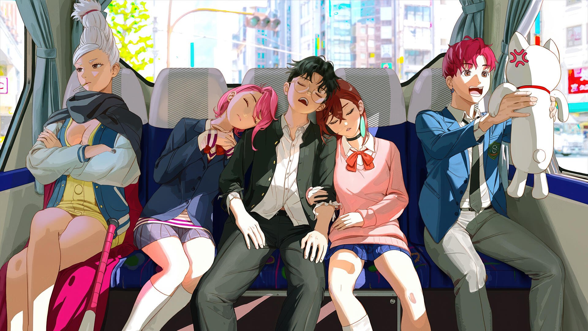 Dandadan 4K Ultra HD PC desktop wallpaper/background — five anime friends ride a sunlit train: three sleep against a central teen, a silver-haired passenger and red-haired friend at the ends.
