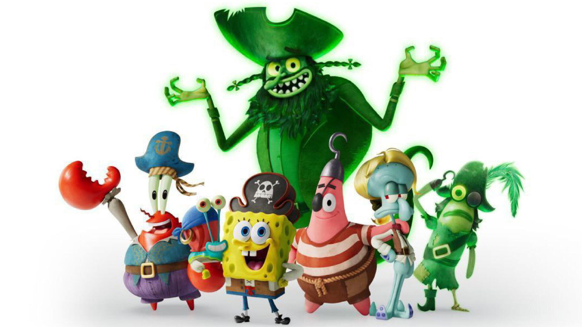 SpongeBob SquarePants and his pirate crew (Patrick, Squidward, Mr. Krabs, Plankton) in green-tinted pirate costumes posed on white — 4K Ultra HD PC desktop wallpaper/background.