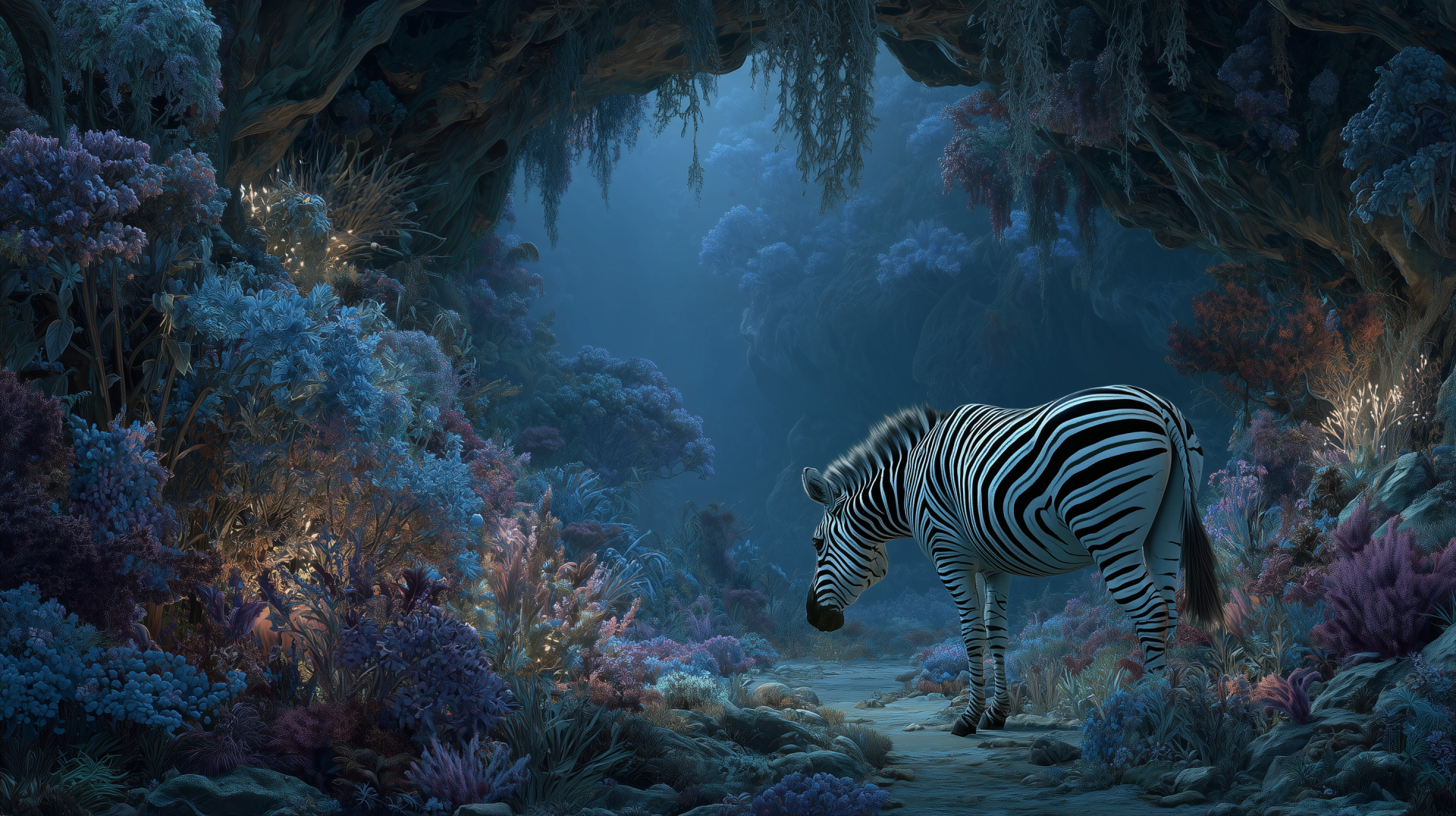 AI art 2K Quad HD PC desktop wallpaper: surreal underwater cave with glowing coral, zebra and a small crab navigating the seabed — animal-focused, dreamy blue-green atmosphere.