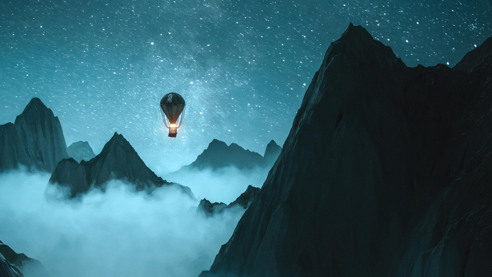 4K Ultra HD digital painting of a blue-toned hot air balloon drifting above fog-filled mountain peaks under a starry sky — PC desktop wallpaper.