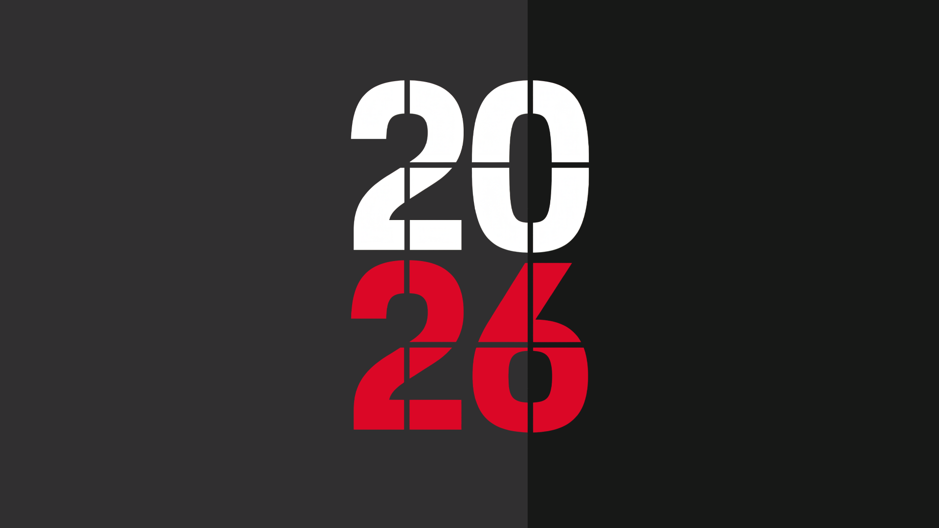 Minimalist 2026 number graphic: white 20 above red 26 split down a dark gray and black panel, rendered as a 5K Ultra HD PC desktop wallpaper background.