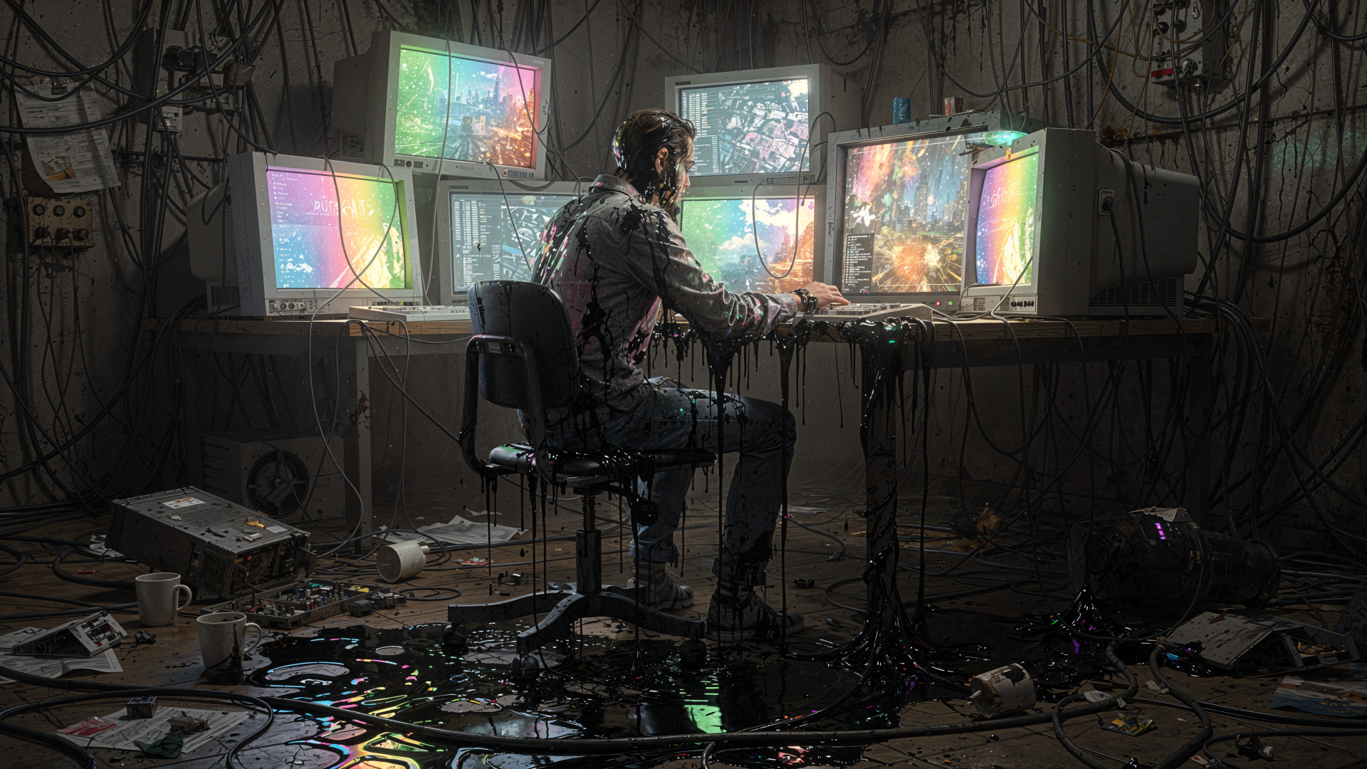 4K Ultra HD PC Desktop Wallpaper and Background — lone figure at a cluttered desk, surrounded by colorful, glitching monitors in a dark, cable-strewn, cyberpunk-style room.