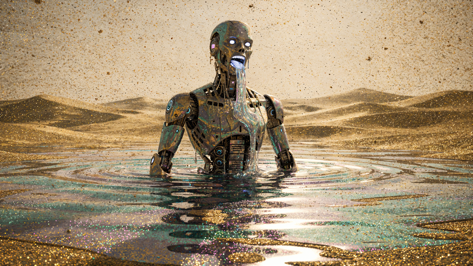Sci-Fi robot with glowing eyes rising from a shimmering desert pool, metallic body reflecting heat and light — 4K Ultra HD PC desktop wallpaper background.