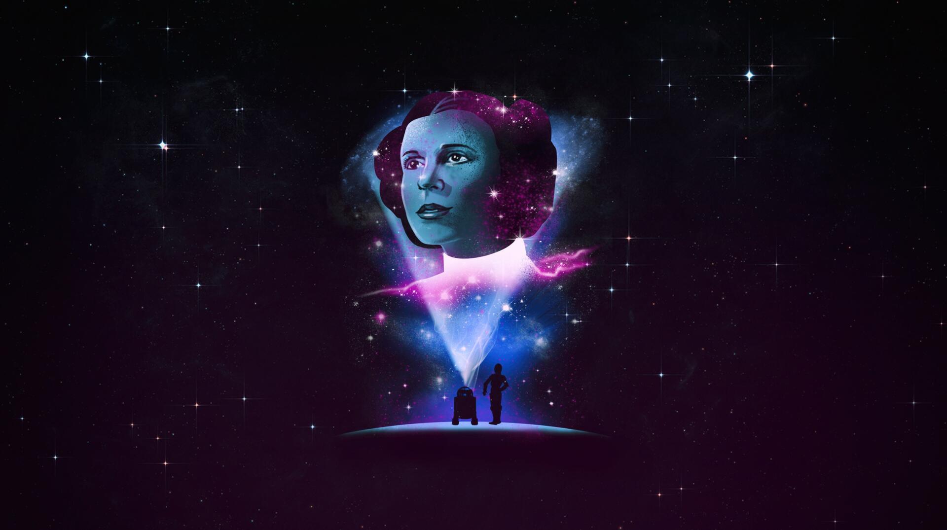 HD PC desktop wallpaper: Star Wars movie image of Princess Leia Organa as a galaxy-lit portrait over a cosmic horizon with two silhouetted figures.