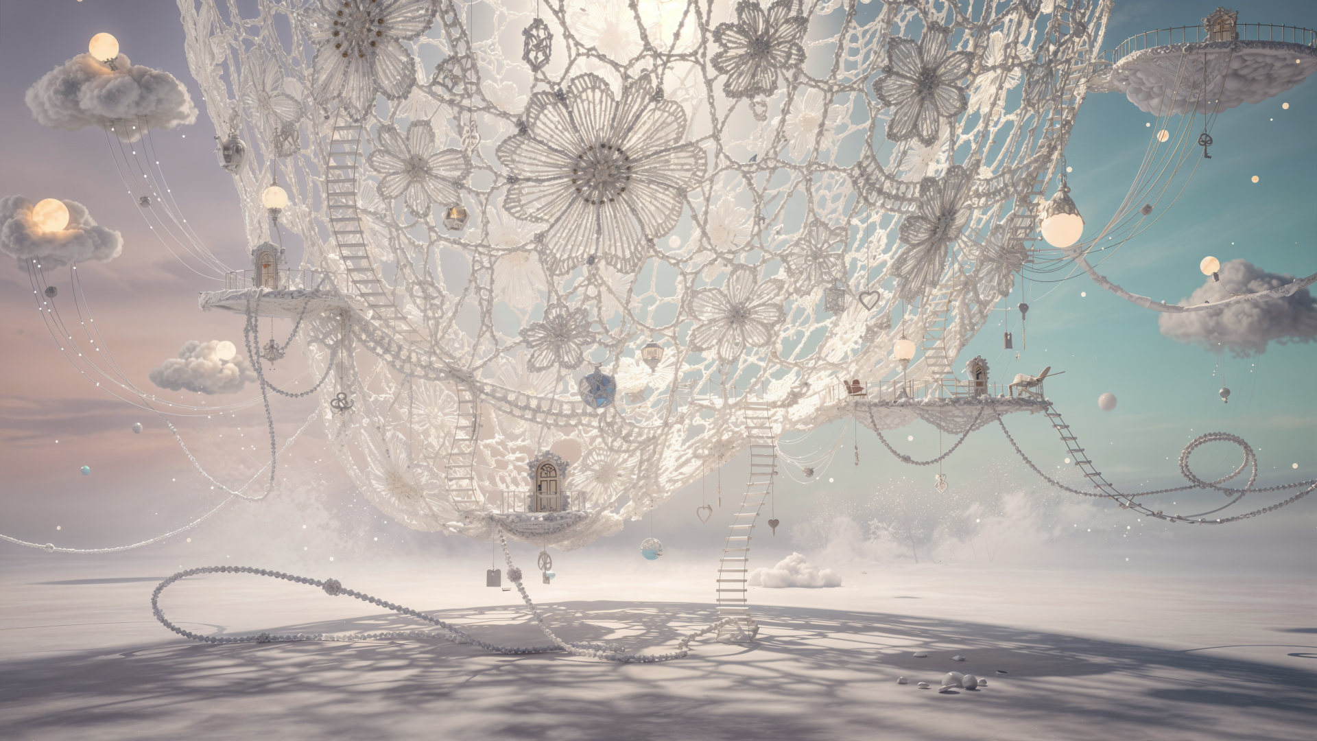 4K Ultra HD PC Desktop Wallpaper and Background: surreal crochet lace globe with floral motifs, tiny ladders and chairs drifting among pastel clouds.