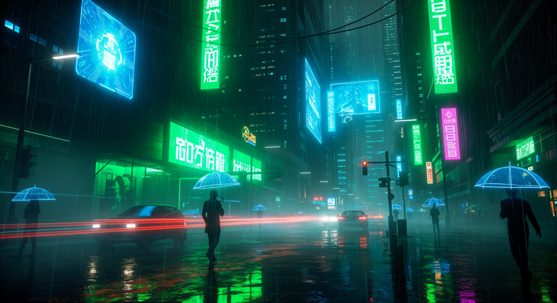 Rain-soaked cyberpunk street at night with neon billboards, glowing signs and silhouetted figures reflected on wet pavement — 4K Ultra HD PC Desktop Wallpaper and Background.