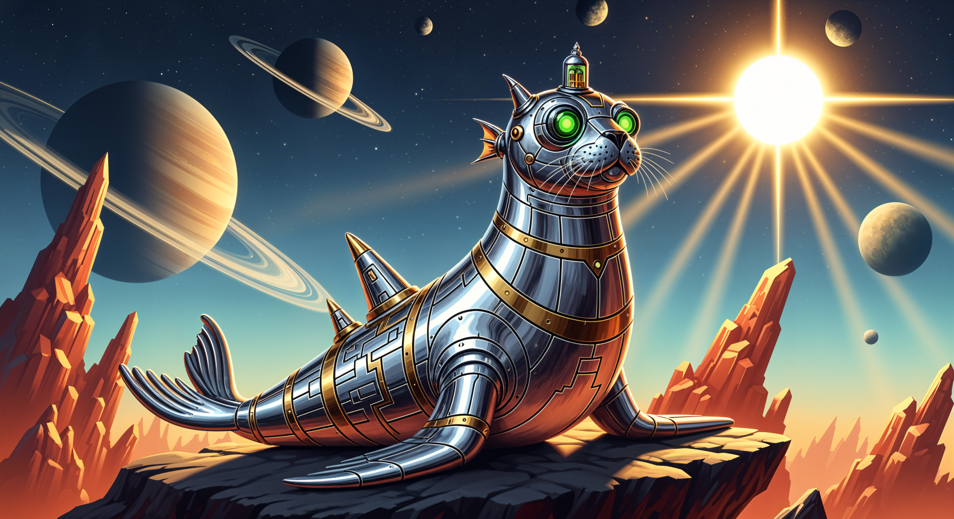 4K Ultra HD PC desktop wallpaper: metallic robotic seal with glowing green eyes perched on an alien rock, rings, planets and a bright sunburst in a vivid sci-fi space landscape.