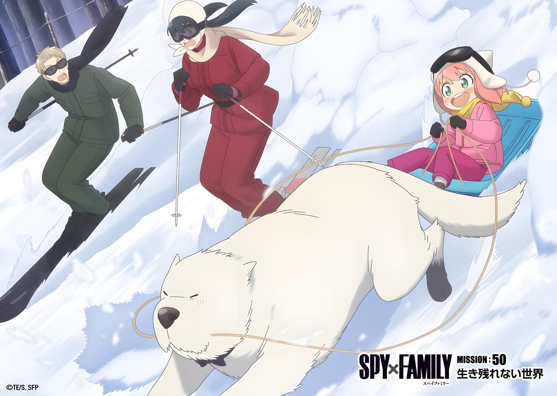 4K Ultra HD anime PC wallpaper: Spy x Family scene of Anya Forger in pink sledding with white dog Bond as two figures ski down a snowy slope.