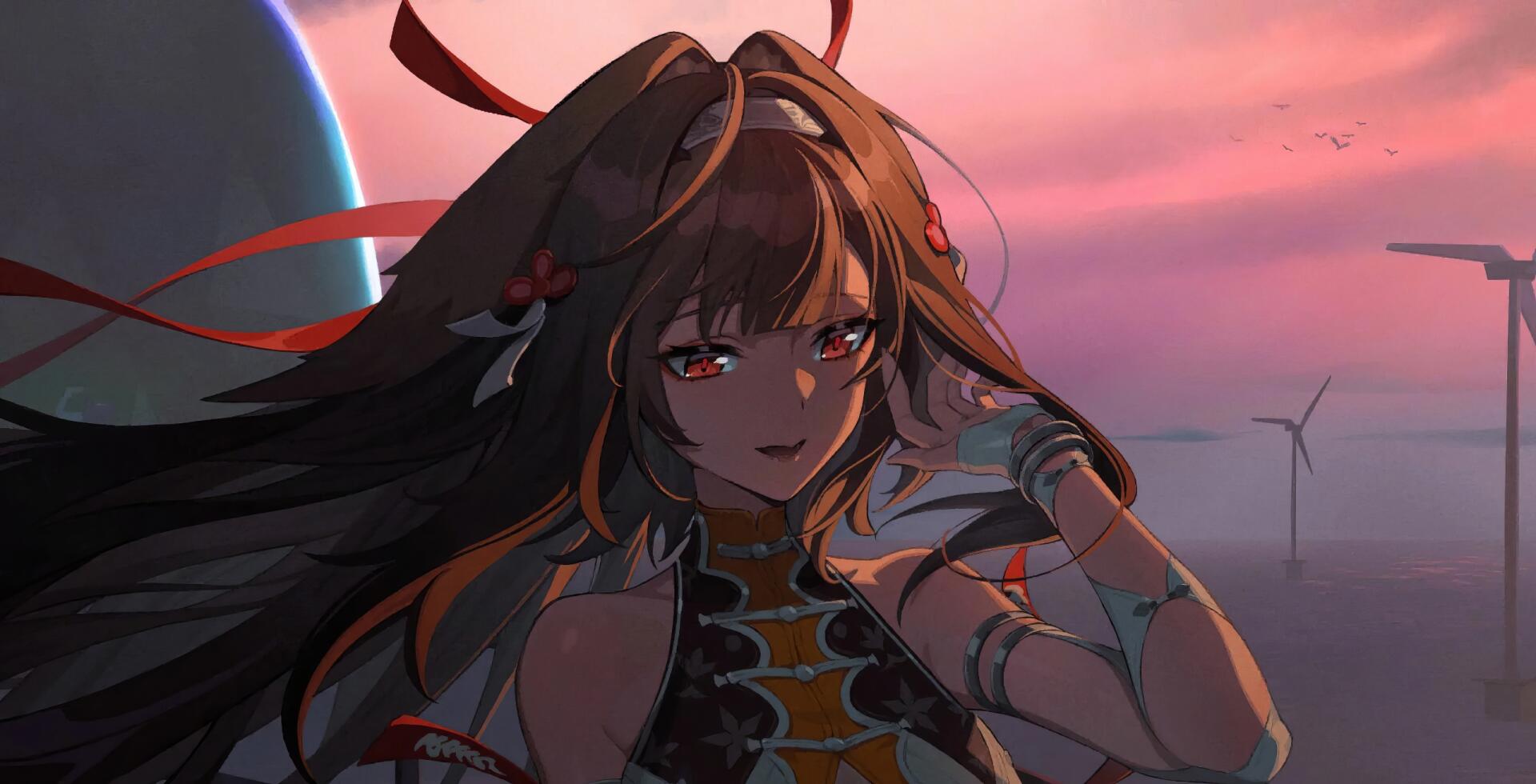 HD PC wallpaper of Ye Shunguang from the video game Zenless Zone Zero: anime girl with long dark hair and red eyes, ornate outfit, sunset sky and distant wind turbines.