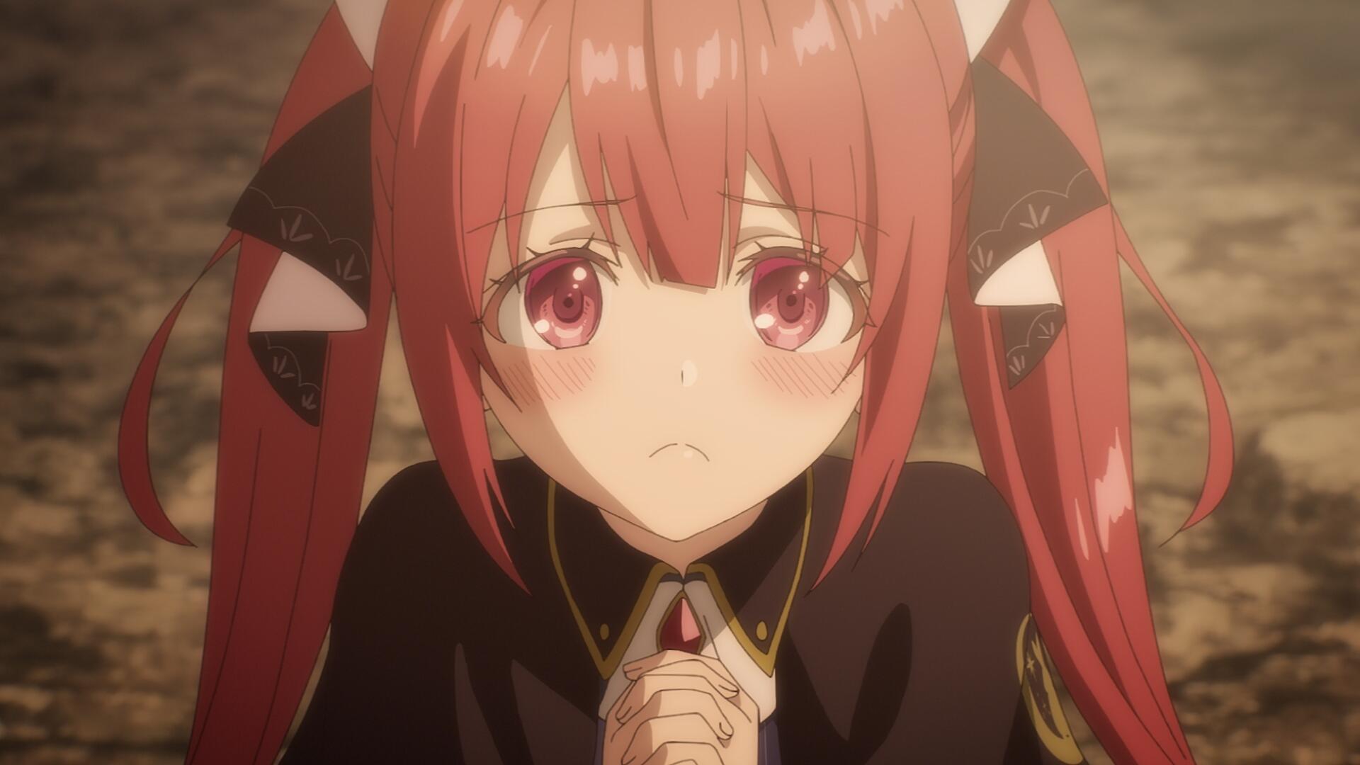 HD anime desktop wallpaper: Sophia Clodel from Jack-of-All-Trades Party of None — red twin‑tailed girl with pink eyes, clasped hands and a worried, pleading expression.