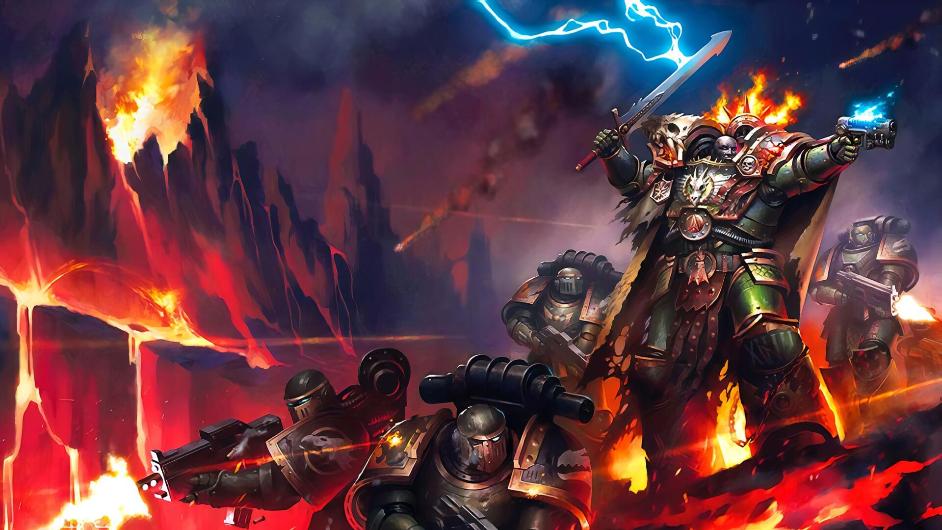 2K Quad HD PC desktop wallpaper: Warhammer 40k Salamanders Space Marines in green power armor lead a volcanic, fiery battlefield; commander wields lightning-charged sword amid bolter-armed veterans.