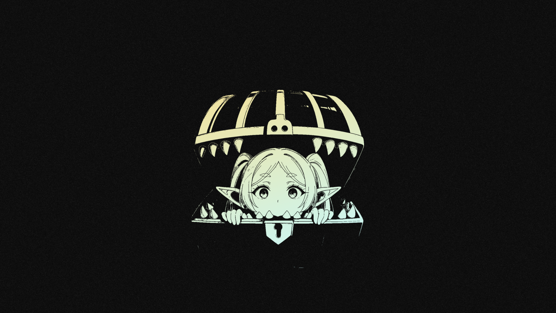 Anime, black anime 2K Quad HD PC wallpaper: Frieren (Frieren: Beyond Journey's End) in pale chibi line art peeking through a cage-like frame on a stark black background.