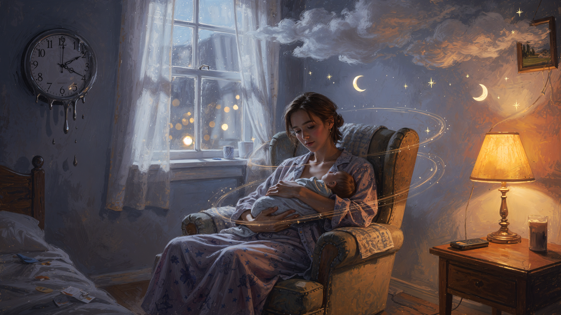 4K Ultra HD PC desktop wallpaper and background showing a parent cradling a newborn in a cozy armchair by a moonlit window, warm lamp glow and drifting stars in a dreamy night scene.