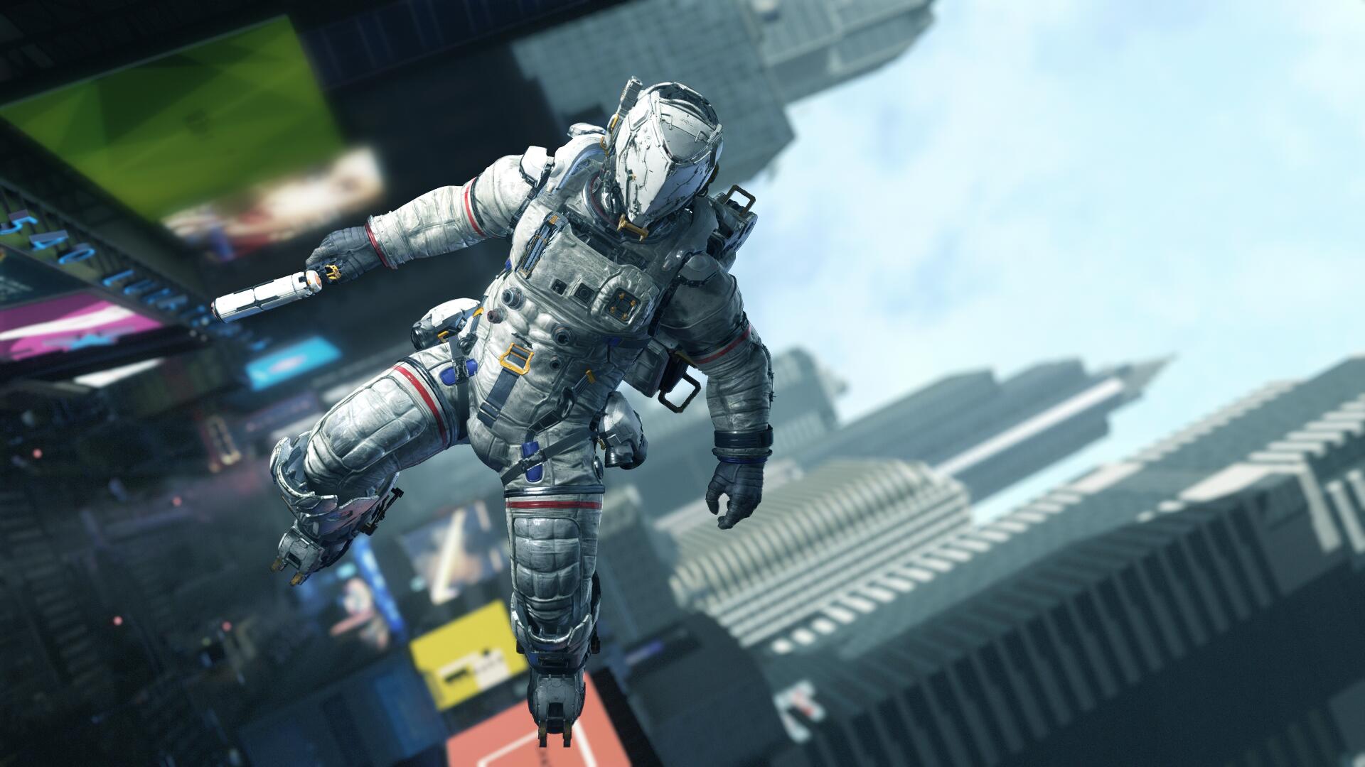 4K Ultra HD PC desktop wallpaper and background from the video game Pragmata: an armored astronaut drifting past neon-lit skyscrapers above a futuristic city.