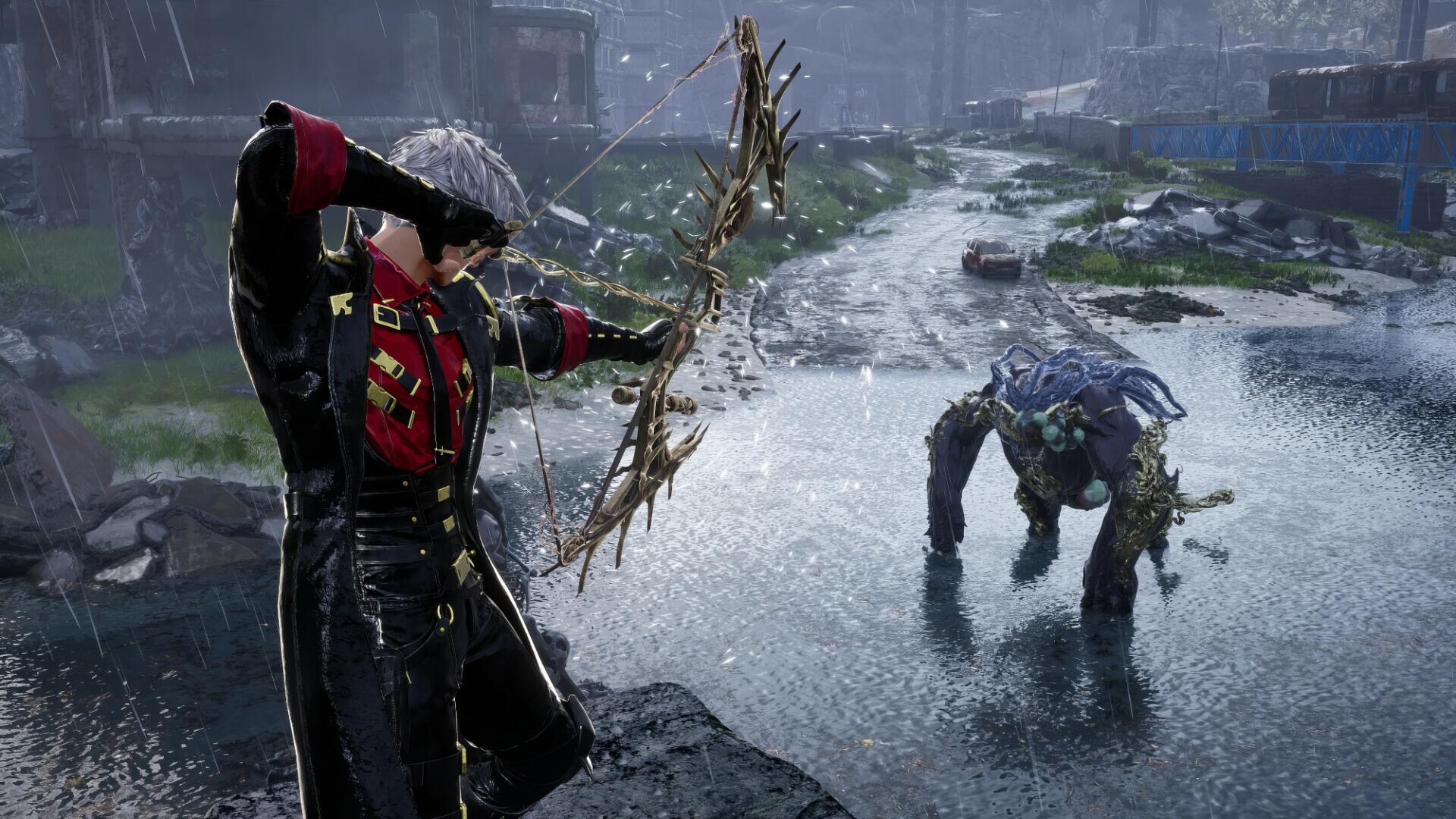 Video game HD PC desktop wallpaper — Code Vein II: cloaked archer draws a thorned bow in a rain-soaked ruined city, confronting a snarling monstrous enemy.