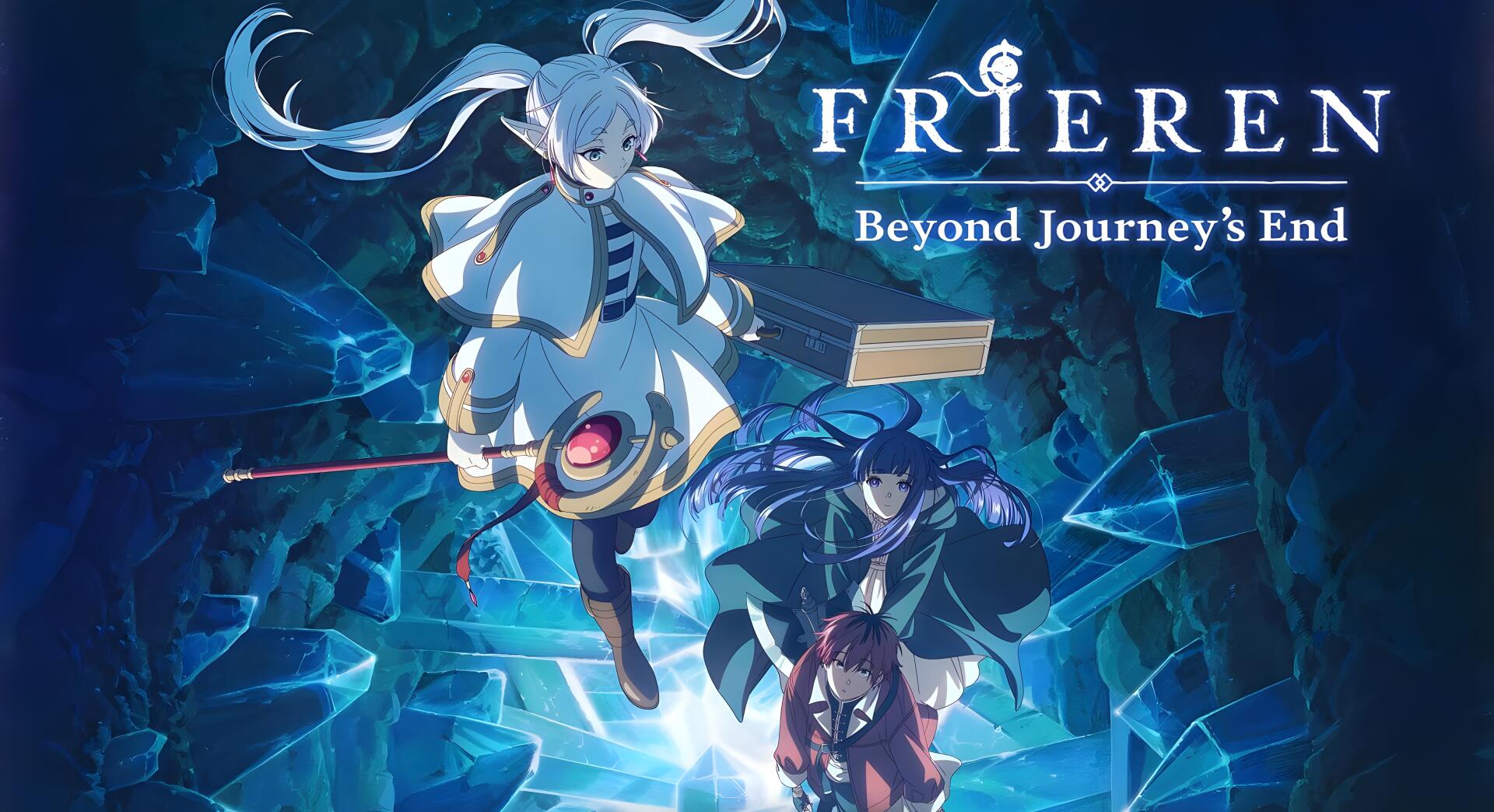 5K Ultra HD PC wallpaper of Frieren: Beyond Journey's End — Frieren, Fern, and Stark poised over fractured blue crystals, series logo visible.