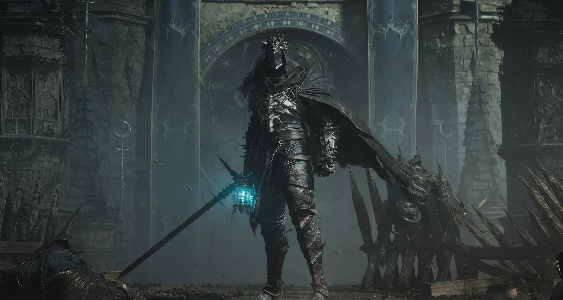 Dark Crusader in tattered dark armor from the video game The Lords of the Fallen II, wielding a glowing blue blade amid ruined pillars — HD PC desktop wallpaper/background.