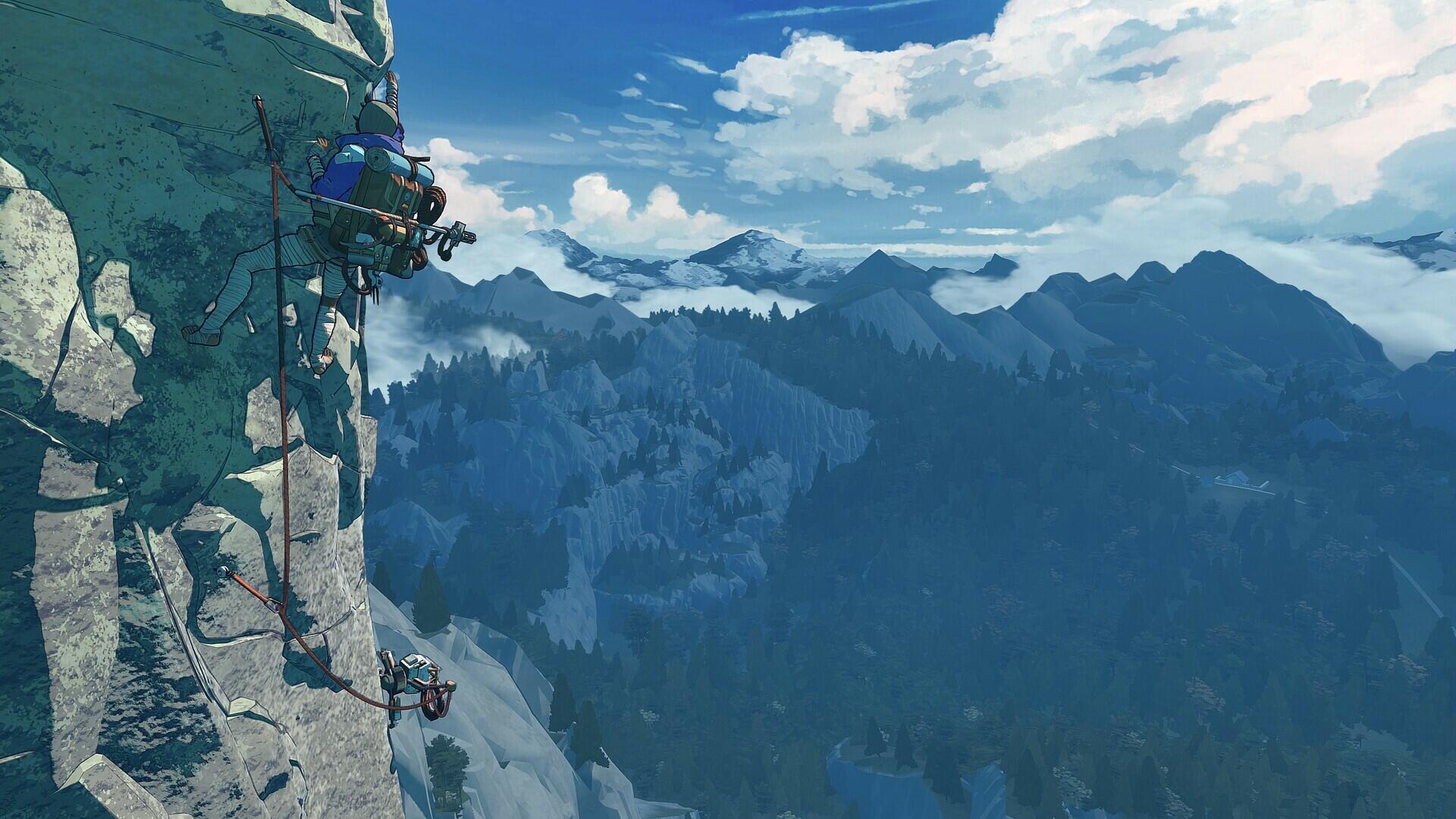 HD PC desktop wallpaper/background from the video game Cairn: climbers ascending a sheer rock face with ropes, overlooking a vast misty mountain range beneath a bright sky.
