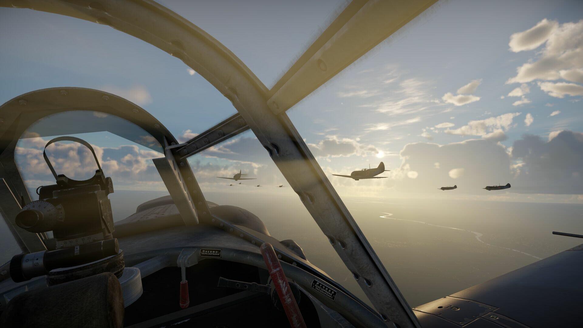HD PC desktop wallpaper for the video game Aces of Thunder: cockpit view over the ocean as a squadron of vintage fighters flies toward a glowing sunset.