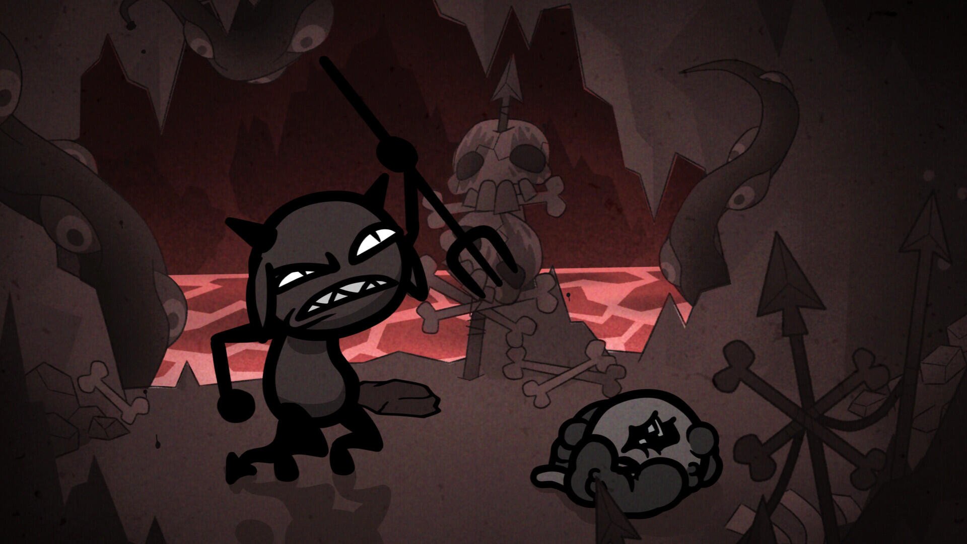 HD PC desktop wallpaper from the video game Mewgenics: a cartoonish black cat-like demon with a pitchfork snarls over a wounded kitten in a skull-strewn lava cave.