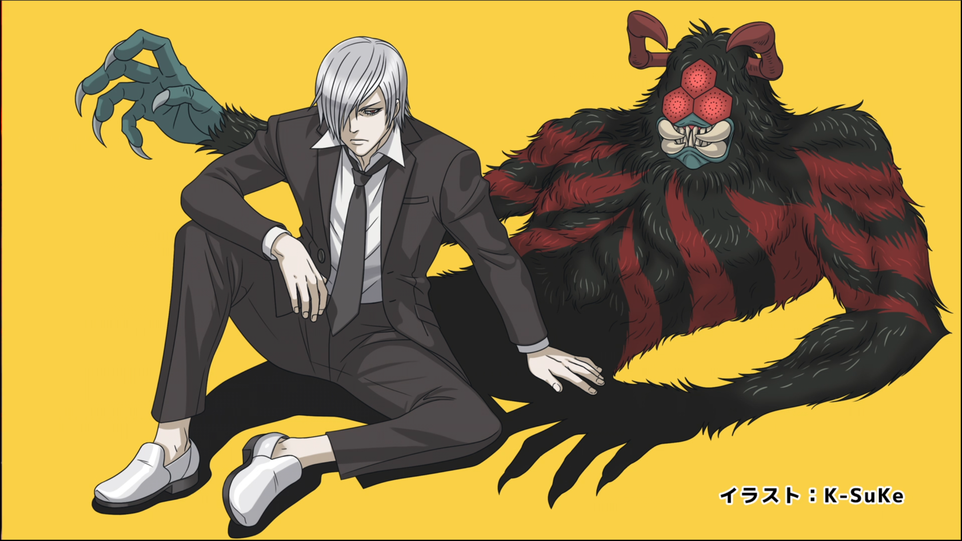 Anime 2K Quad HD PC wallpaper: Tojima Wants to Be a Kamen Rider — silver-haired man in a suit sits on a yellow background beside a large red-and-black insectoid creature.