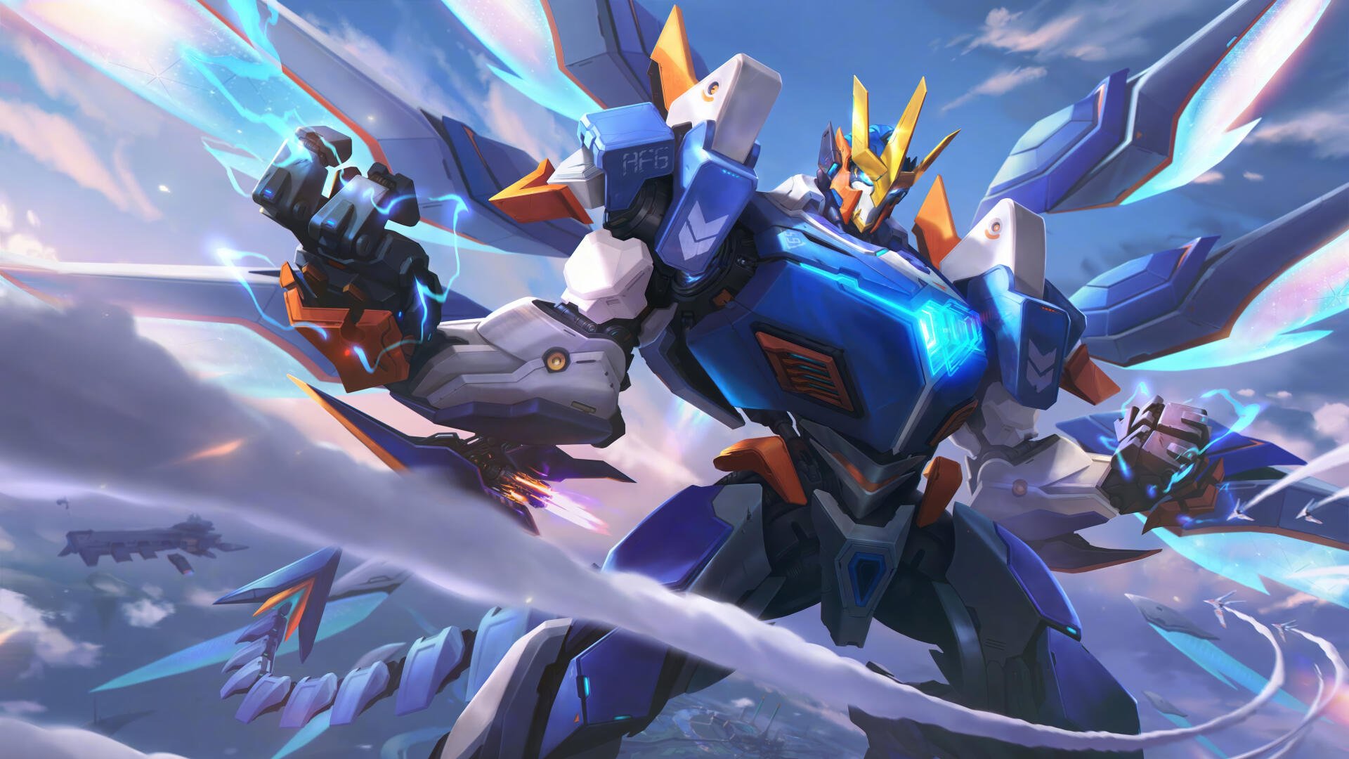 8K Ultra HD PC wallpaper: League of Legends' Galio as a blue armored mech, wings unfurled, surging through icy-blue energy and storm-tossed skies.