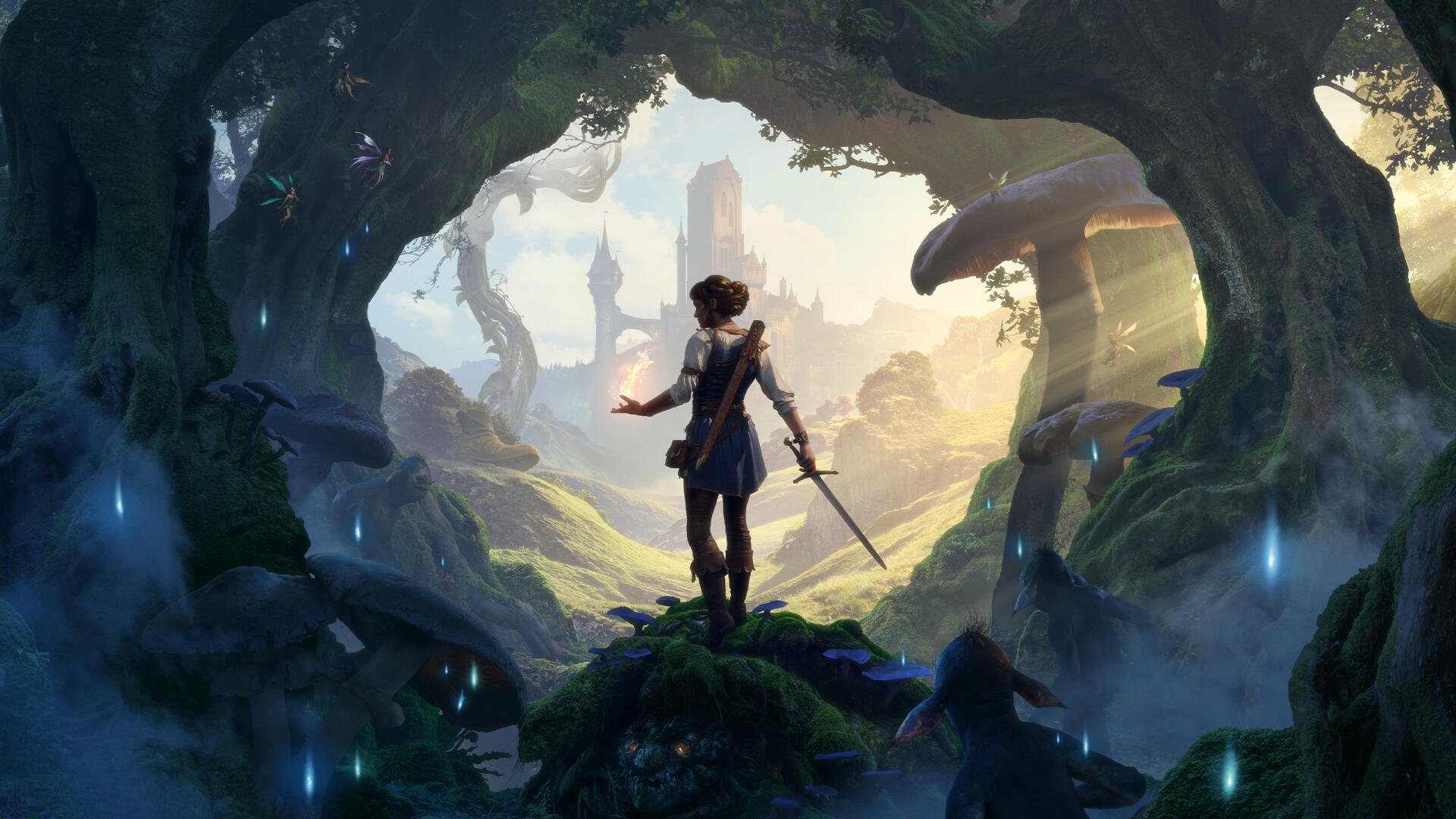 2K Quad HD PC wallpaper — Fable (2025) video game: a woman warrior with sword and glowing spell stands at a cave opening, overlooking a sunlit, mystical valley.