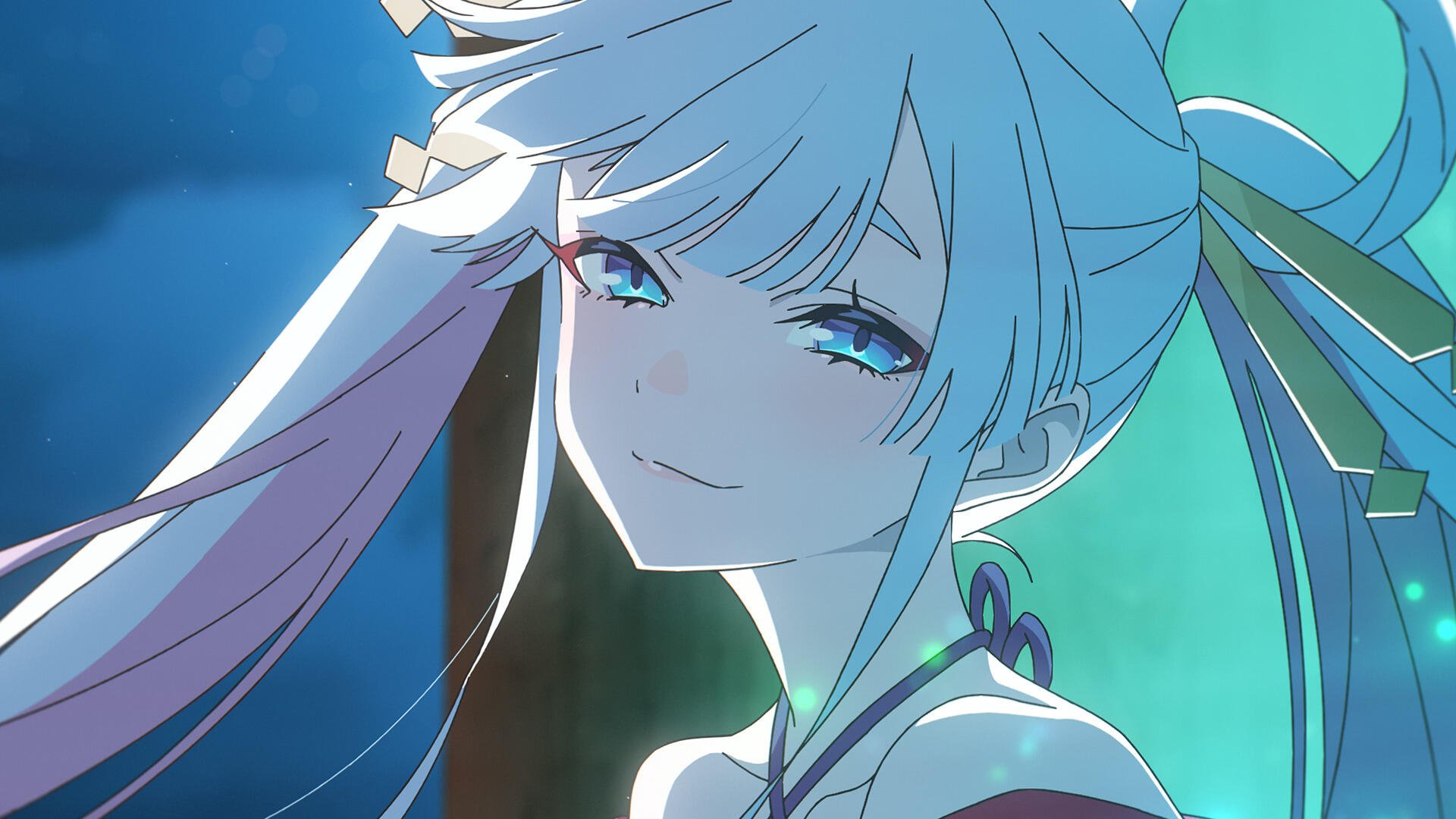 Anime HD PC desktop wallpaper — Cosmic Princess Kaguya!: close-up of a serene silver-haired princess with cyan eyes, twin tails and a glowing teal cosmic background.