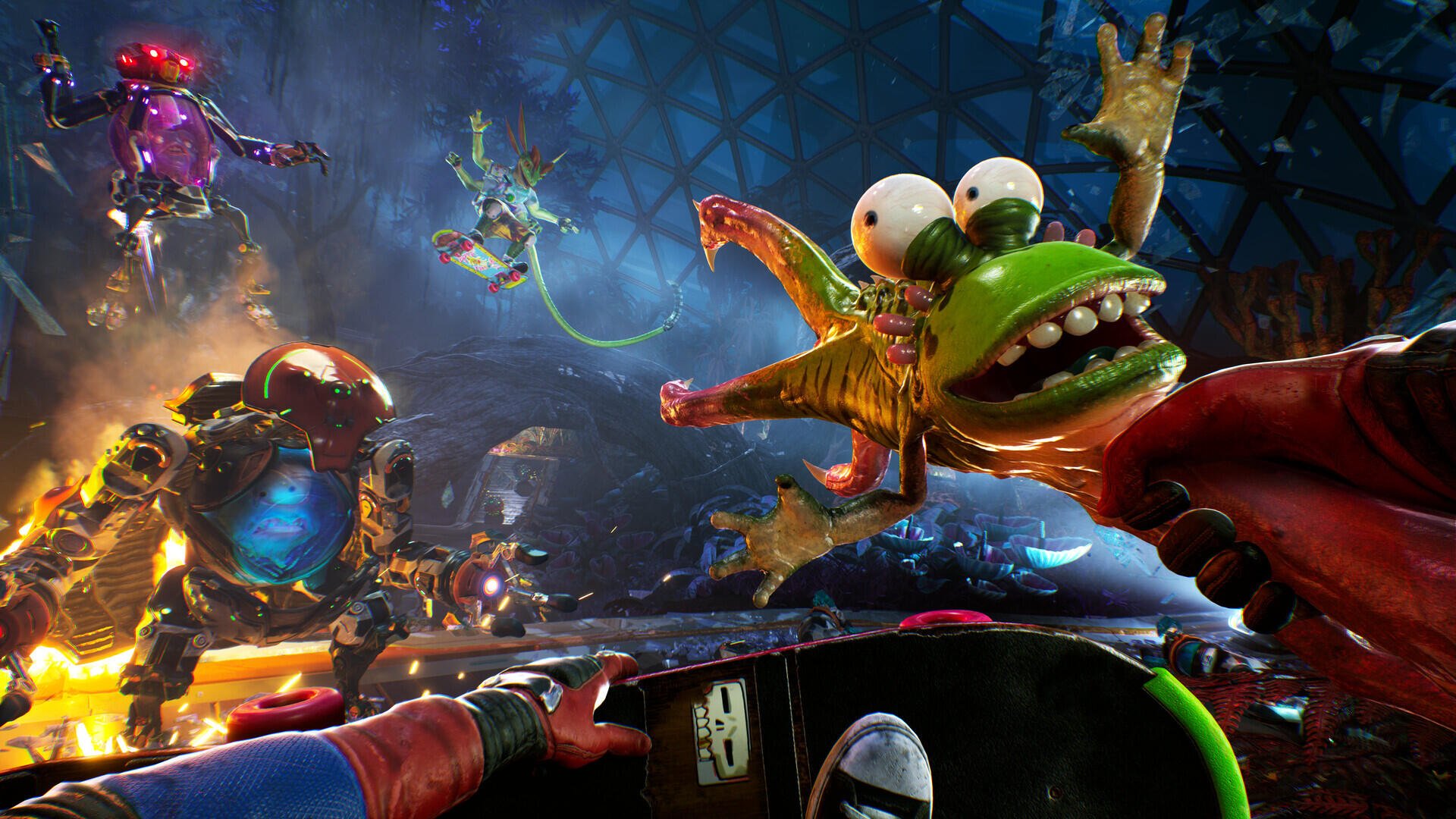 High On Life 2 action game HD PC desktop wallpaper and background — first-person neon alien firefight with a wide-eyed frog-like creature, armed characters and explosive chaos.
