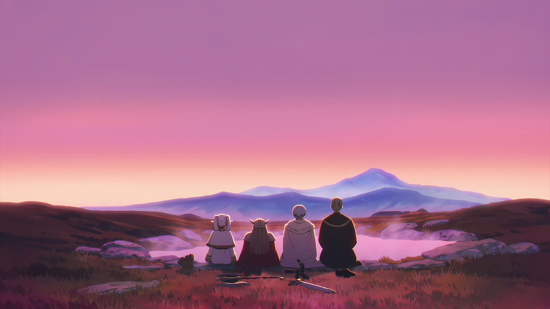 Anime scene from Frieren: Beyond Journey's End — four figures seated on a hill at sunset, overlooking misty valleys and a distant mountain. 4K Ultra HD PC desktop wallpaper/background.