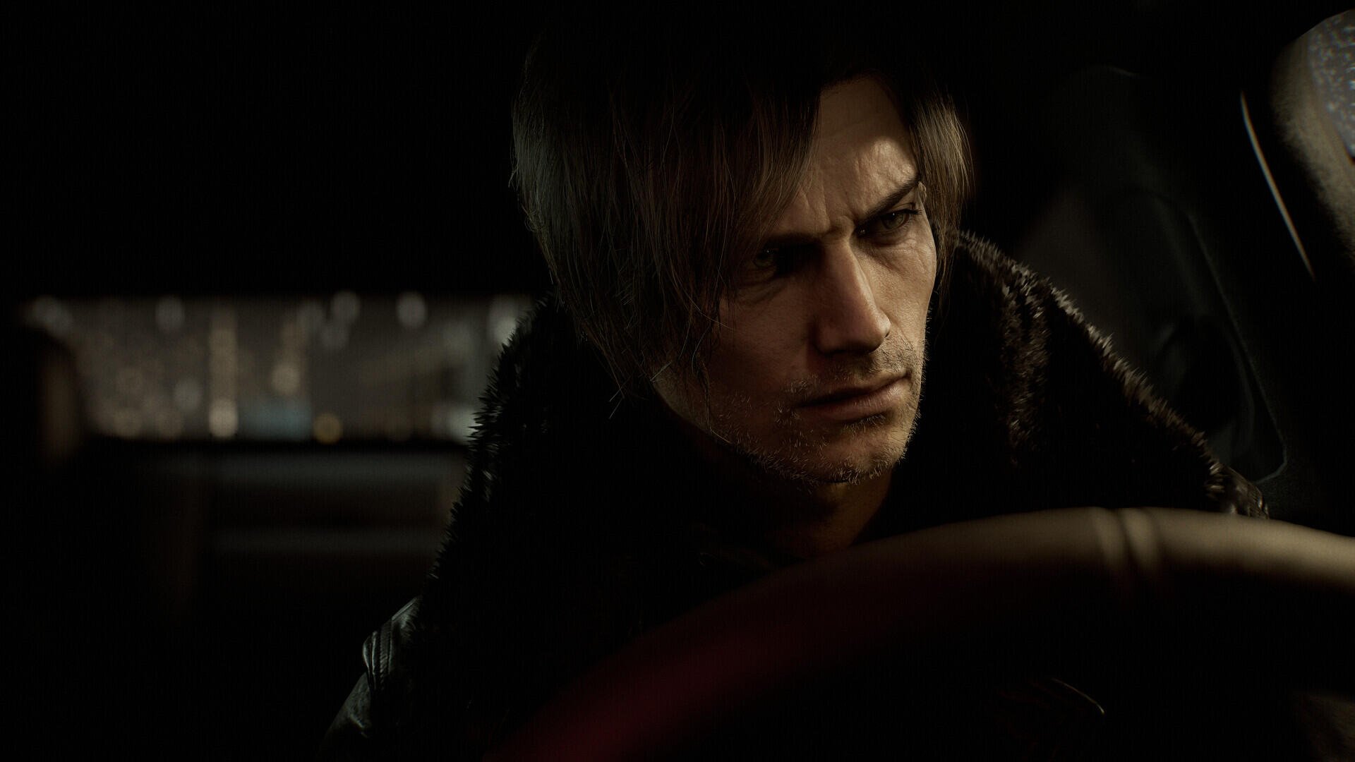 HD PC desktop wallpaper/background: Leon S. Kennedy from Resident Evil Requiem, brooding behind a steering wheel — moody survival horror, third-person shooter atmosphere.