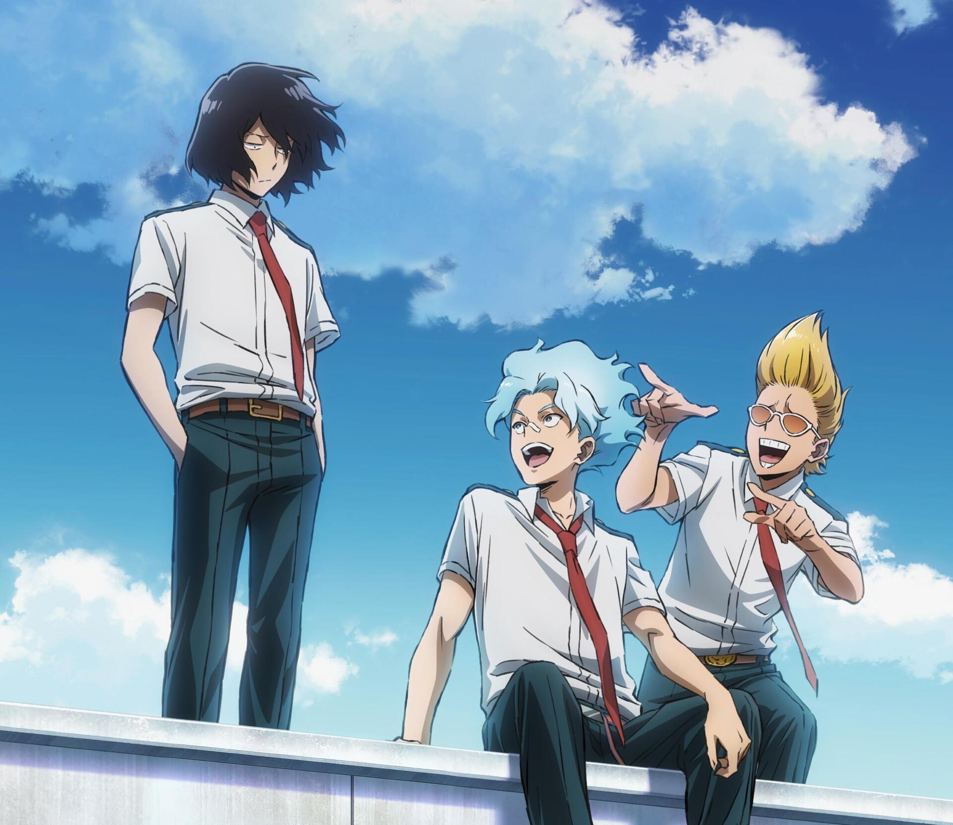 Anime 2K Quad HD wallpaper: My Hero Academia: Vigilantes — Eraserhead (Boku No Hero Academia) stands while Present Mic (Boku No Hero Academia) laughs with a blue‑haired ally under a bright sky.