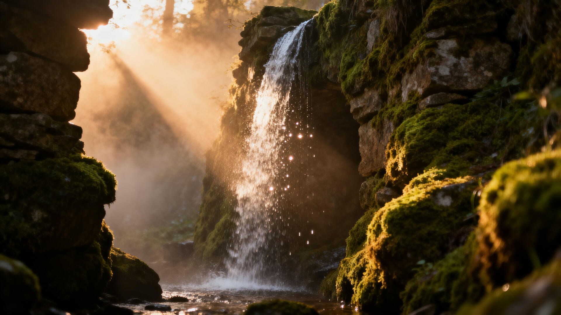 4K Ultra HD PC desktop wallpaper and background: sunlit waterfall cascading into a mossy forest gorge, golden rays filtering through mist.